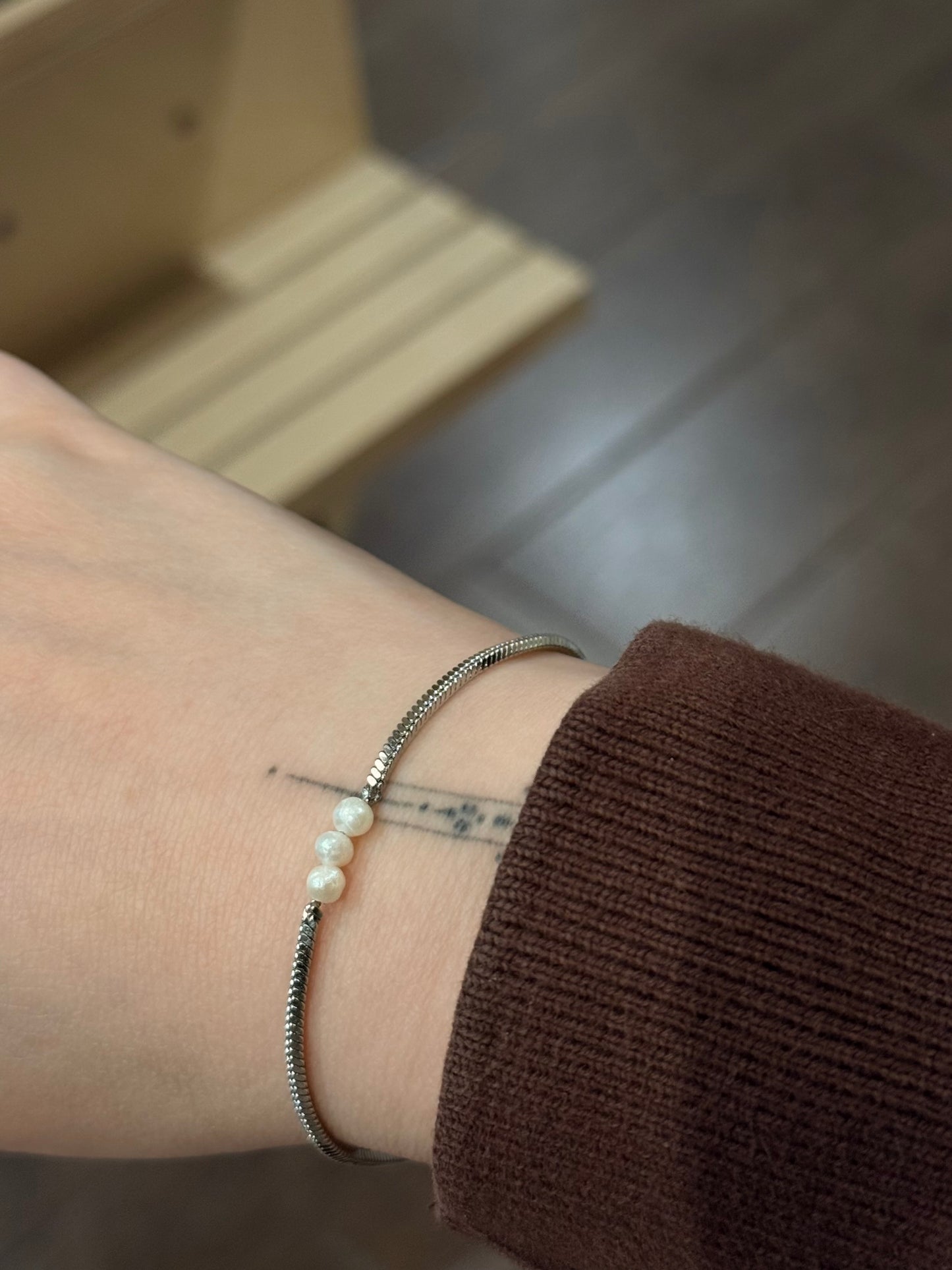 Stainless steel triple pearl bracelet