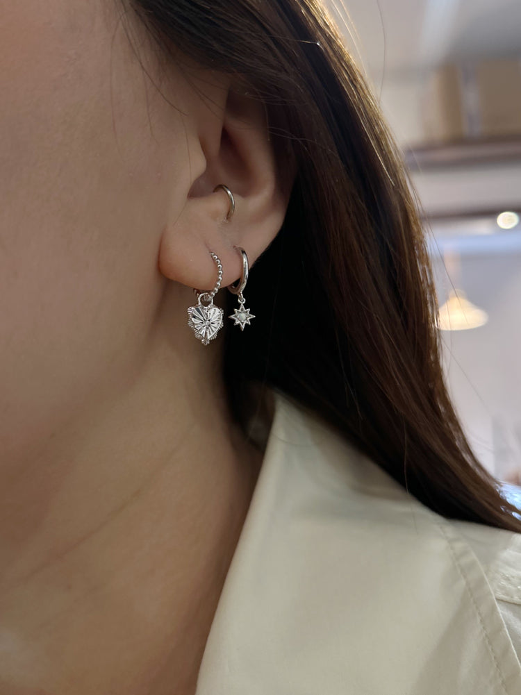 Drop heart hinged hoop silver 925 earrings