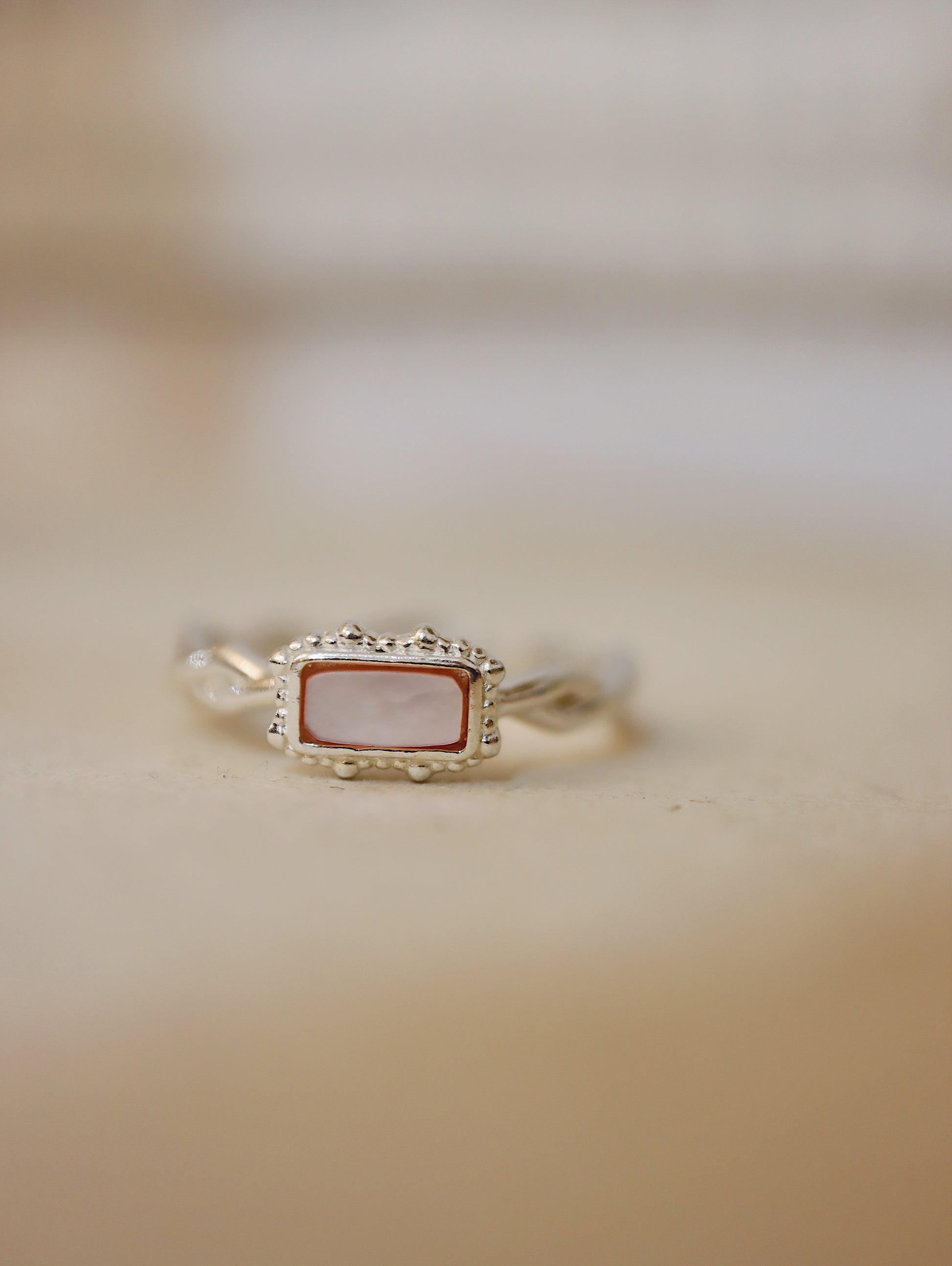 Rectangular pale pink stone 925 silver ring