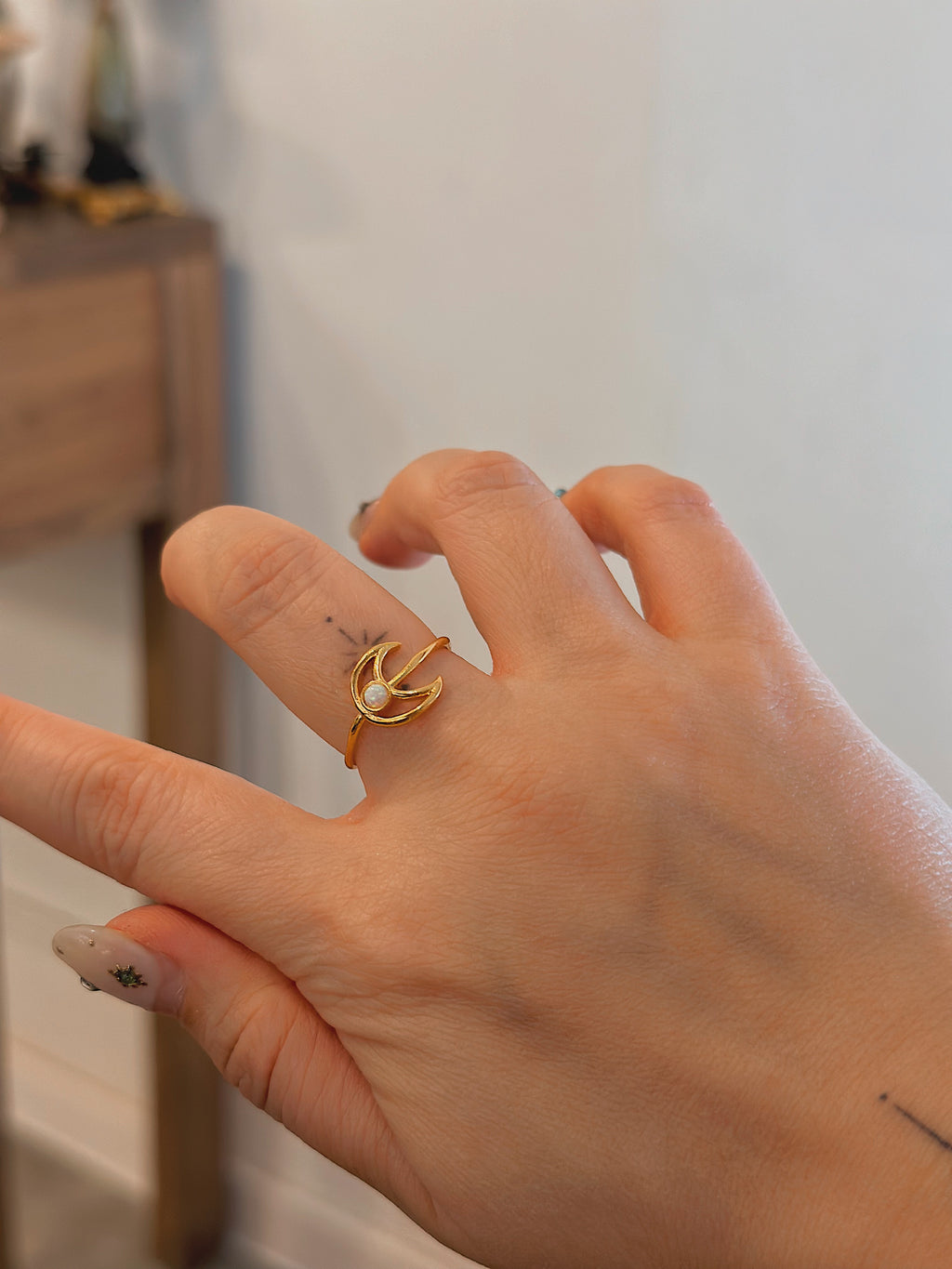 Crescent moon outline opal ring