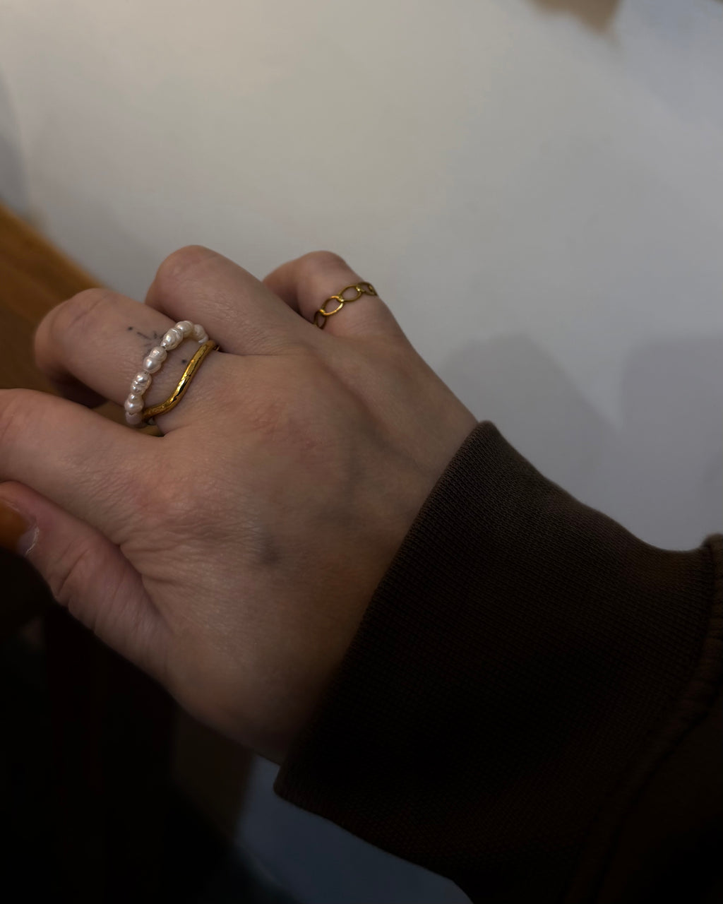 Raw pearl double band stainless steel ring