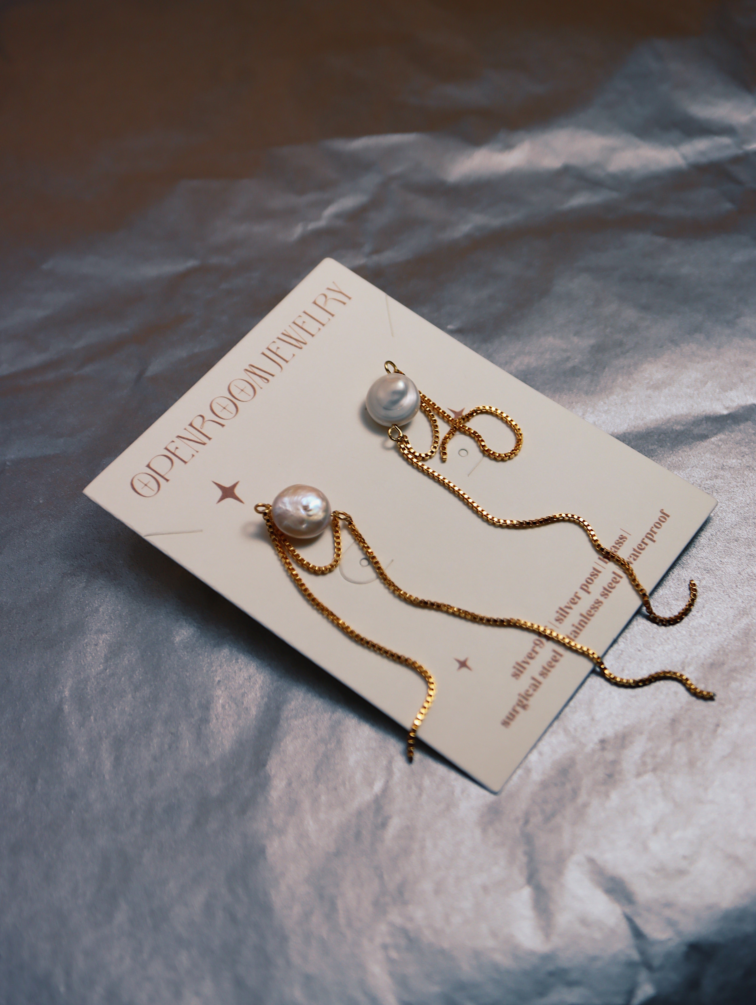 Pearl drop chain brass earrings