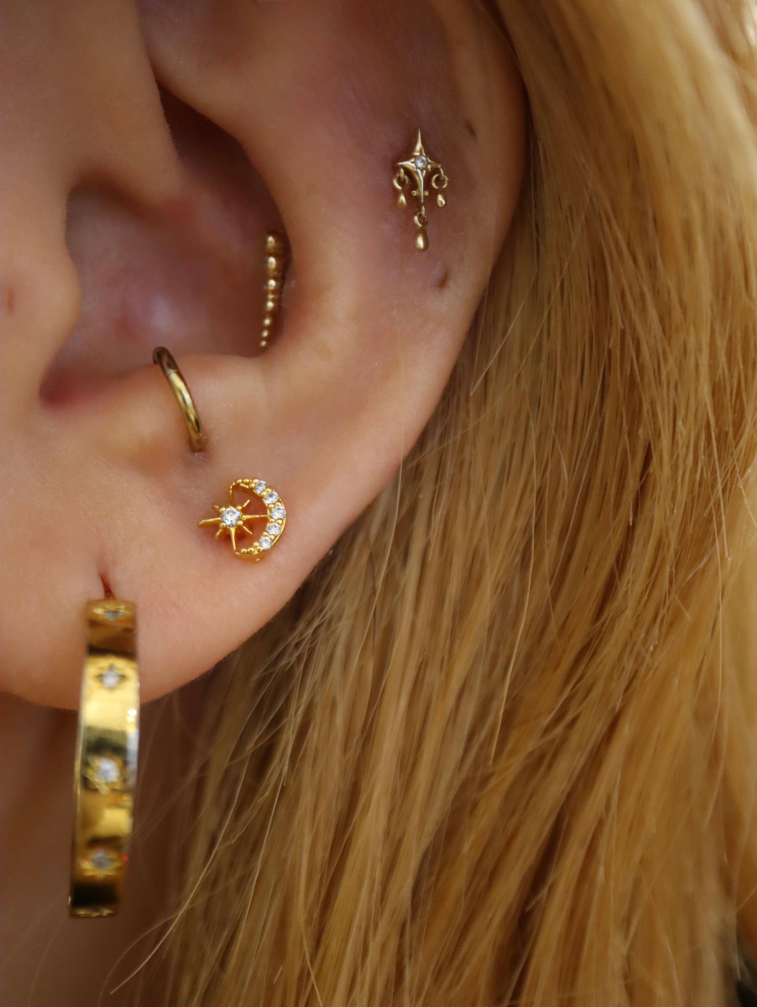 Crescent star stud surgical steel piercing earring (1pc)