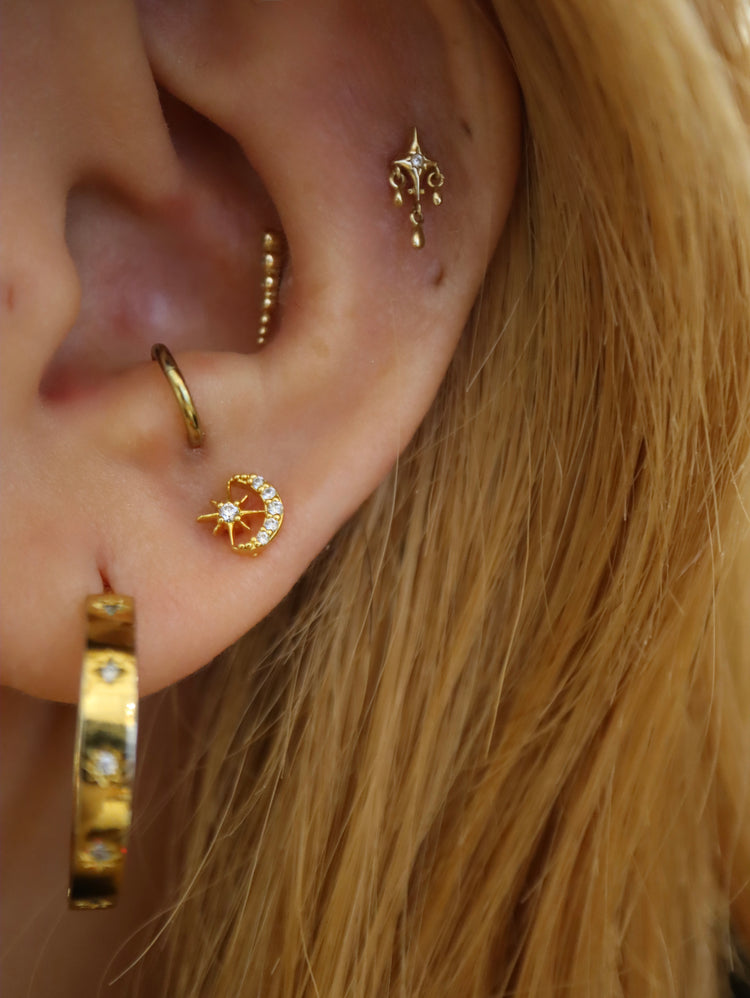 Crescent star stud surgical steel piercing earring (1pc)