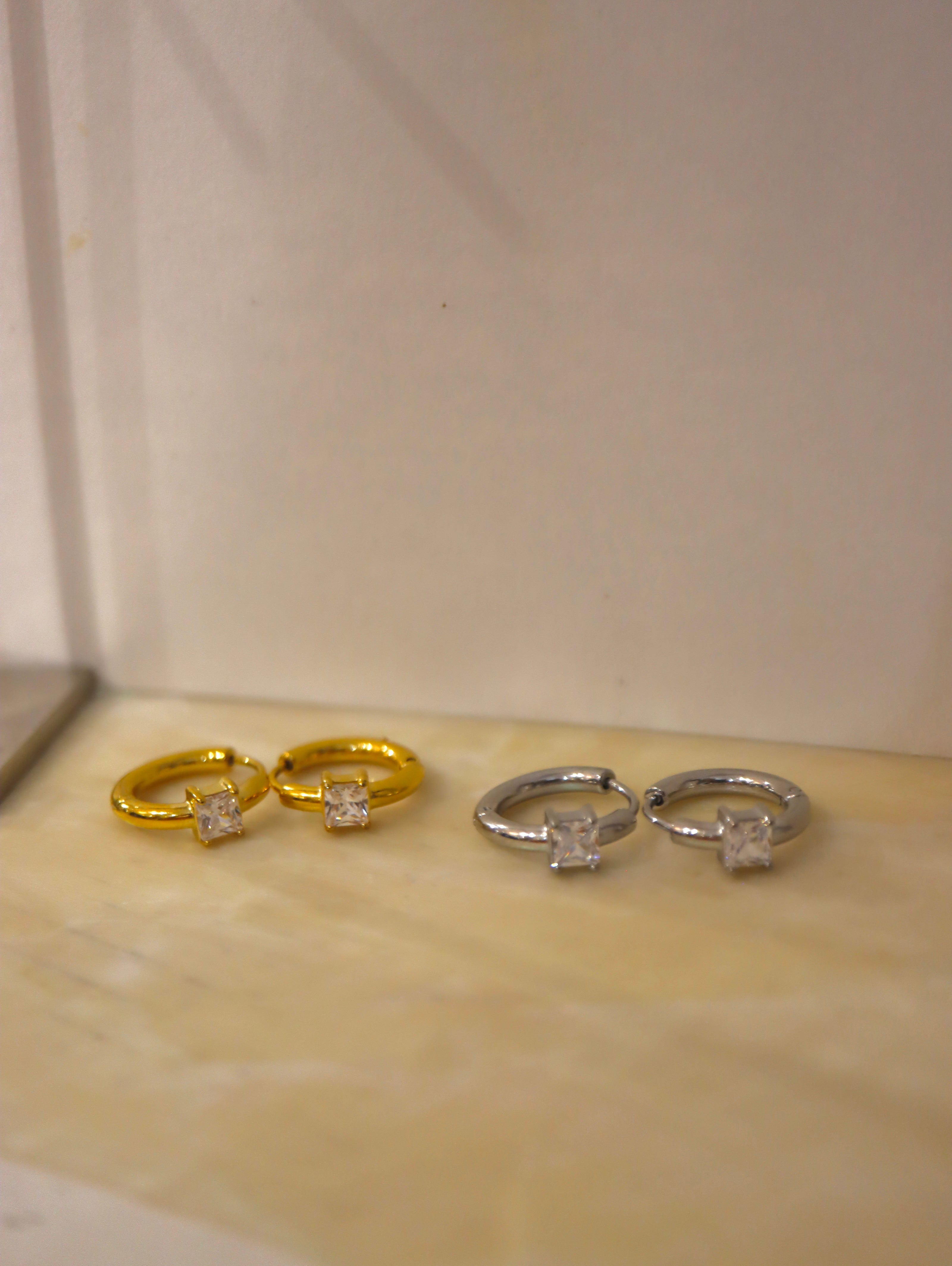 Square Solitaire Hoop Stainless Steel Earrings