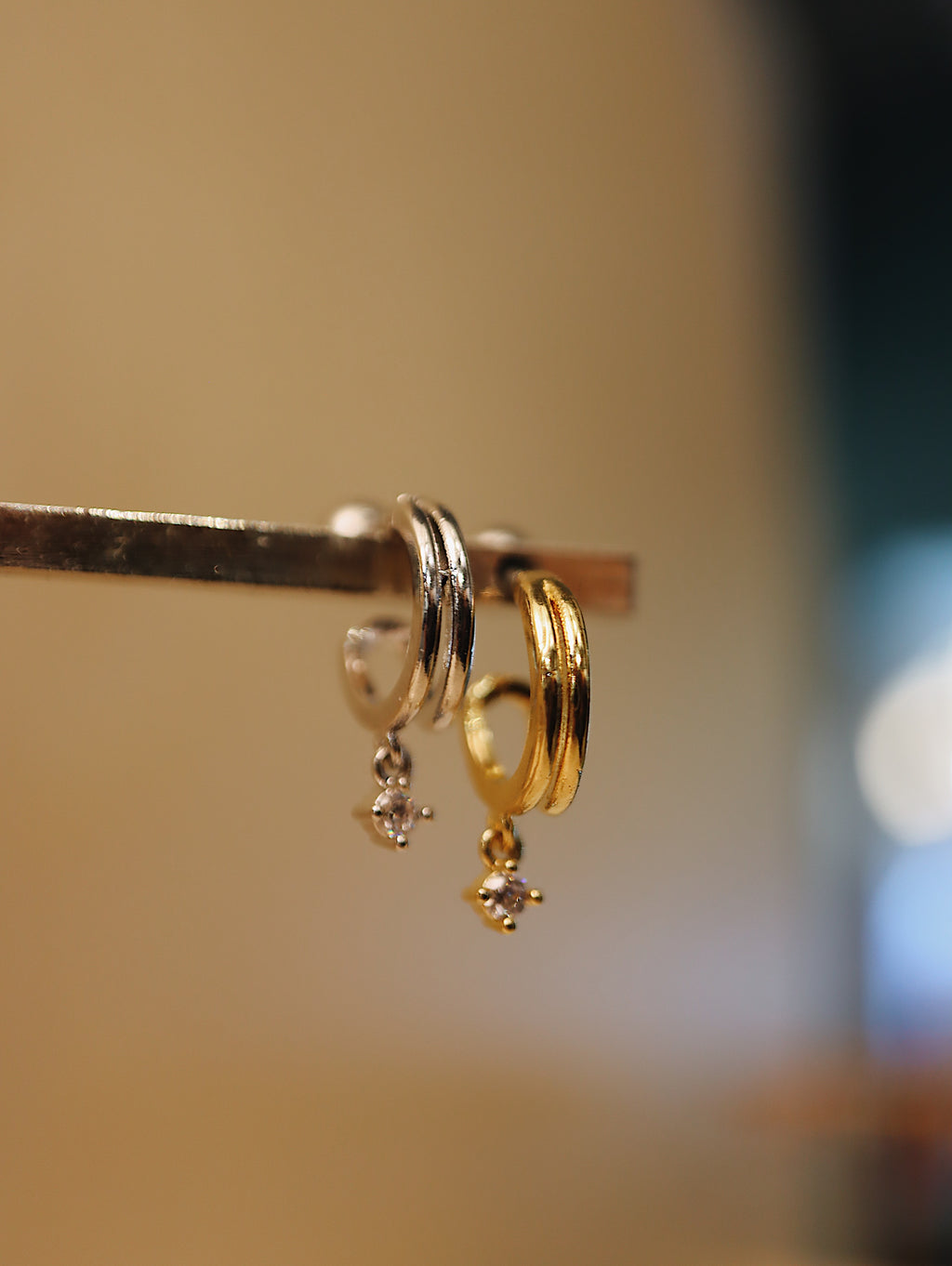 Double hoop mini drop cz earring