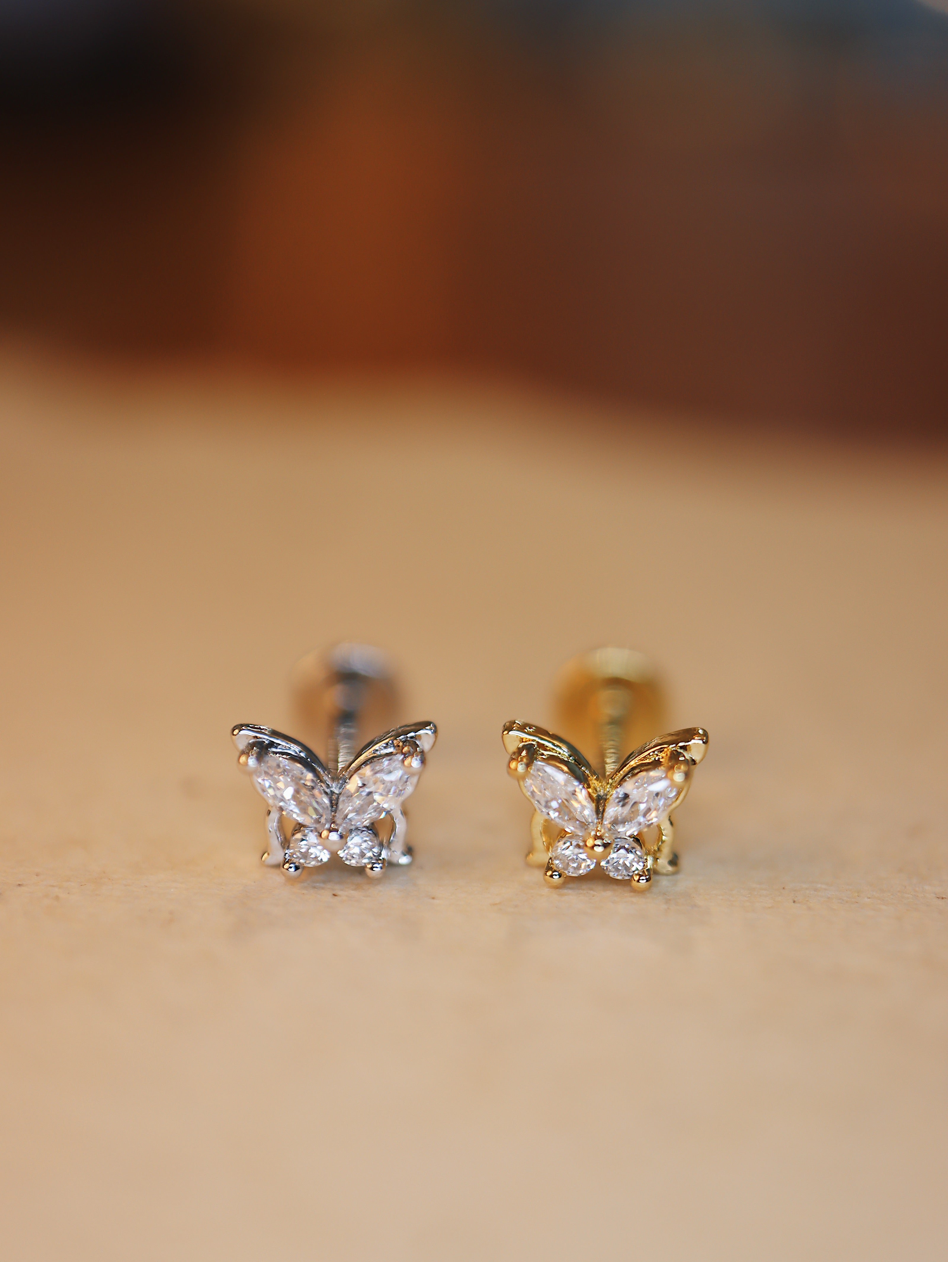 Butterfly 🦋 cz 925 silver flat back earring Piercing (1pc)