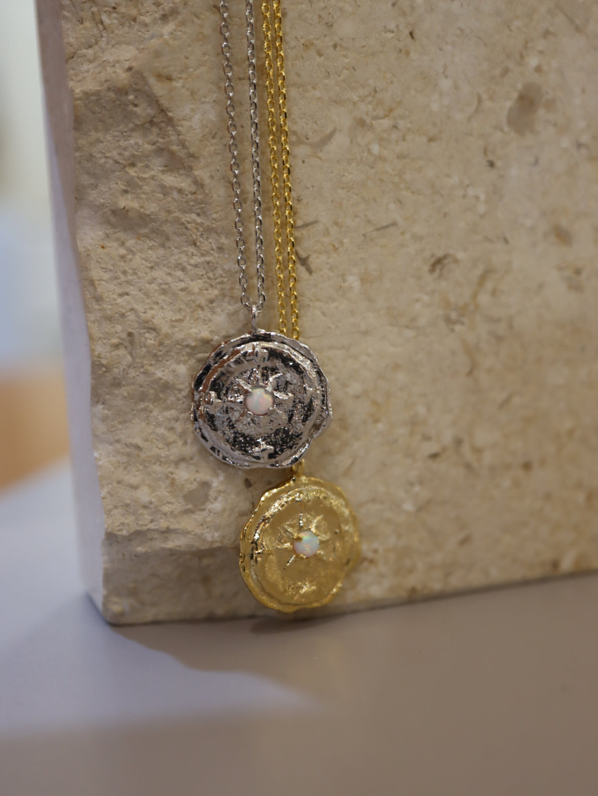 Opal coin brass necklace