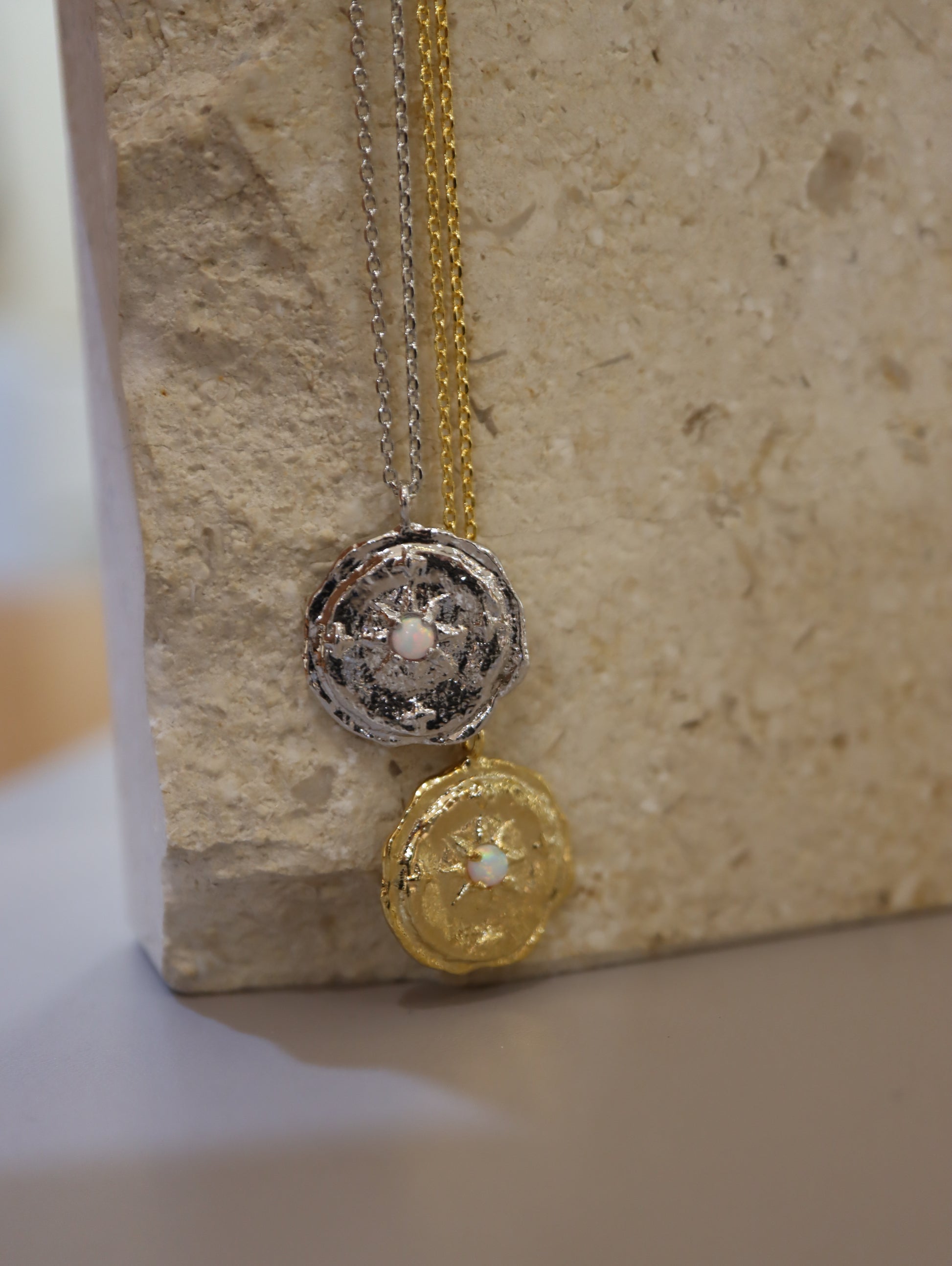 Opal coin brass necklace