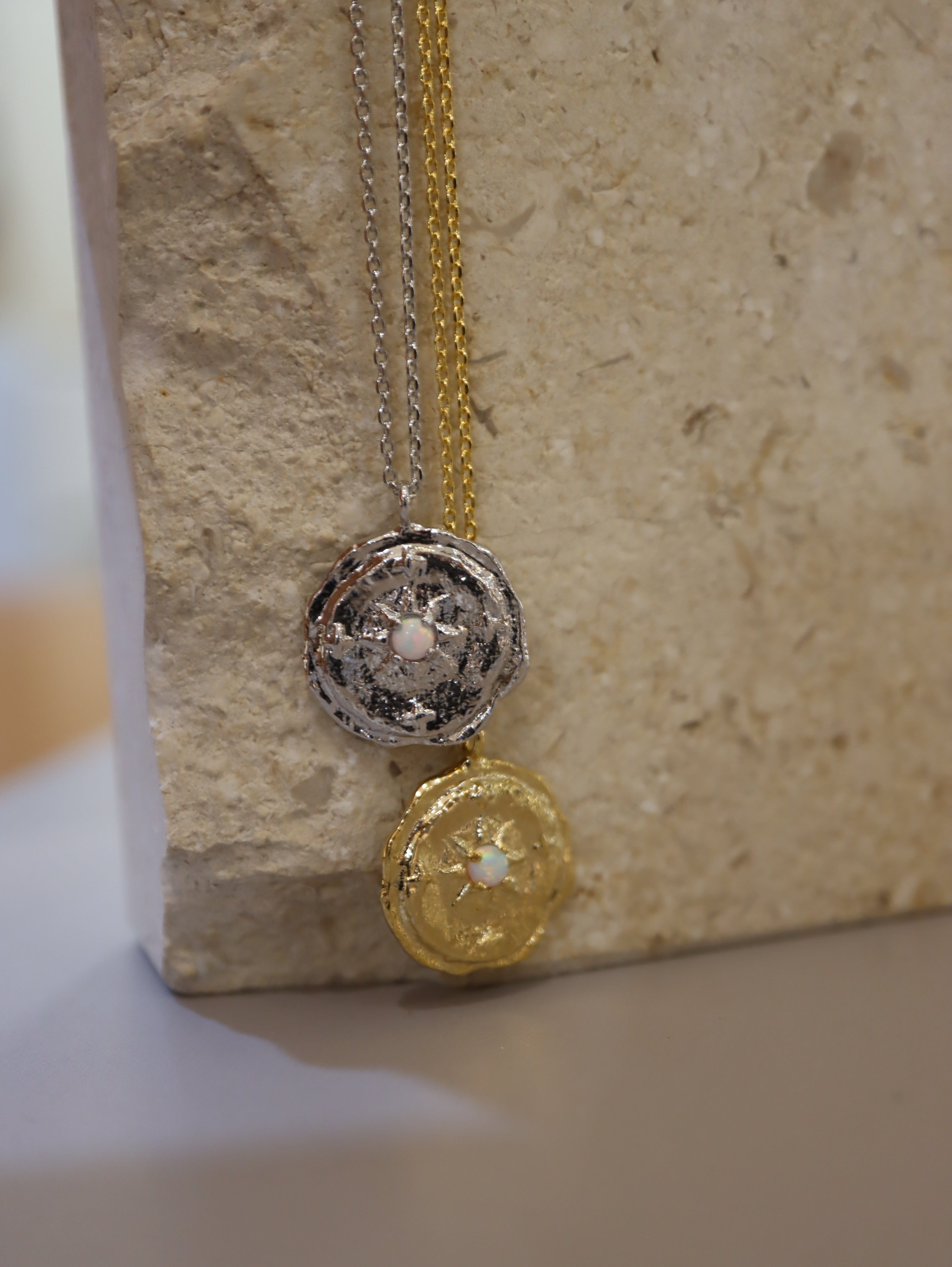 Opal coin brass necklace