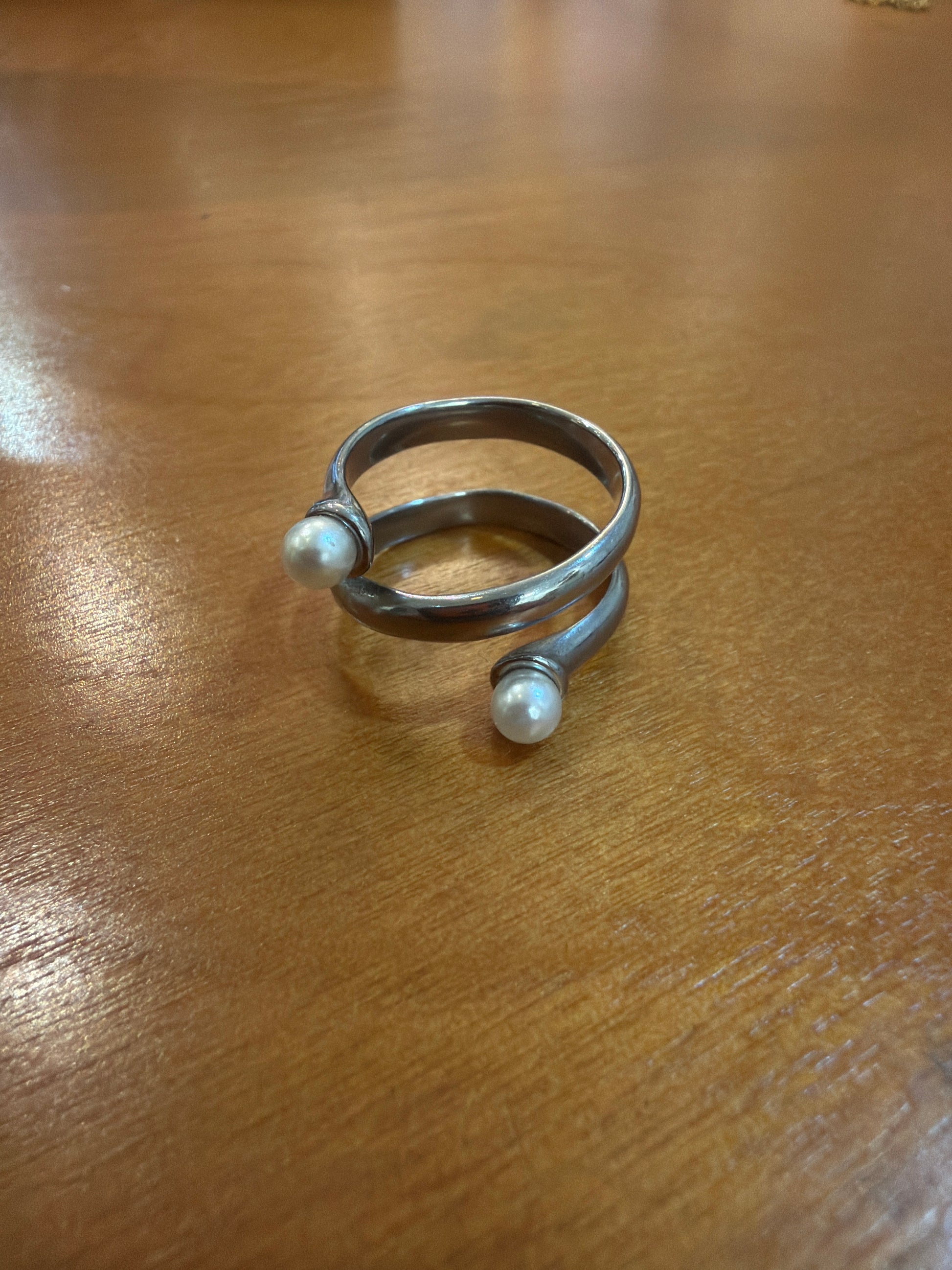 Double pearl wrap stainless steel ring