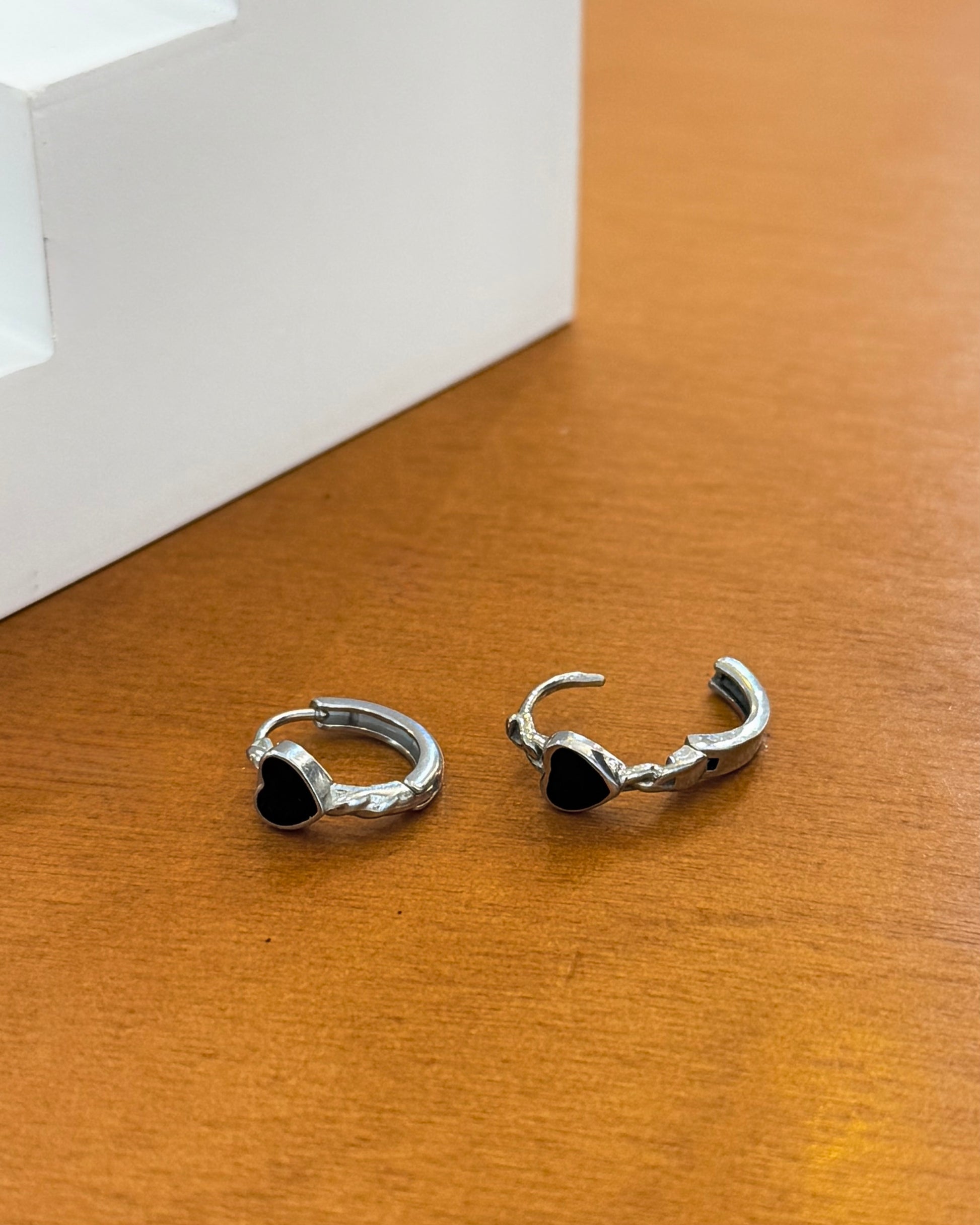 Black heart surgical steel hoop earrings