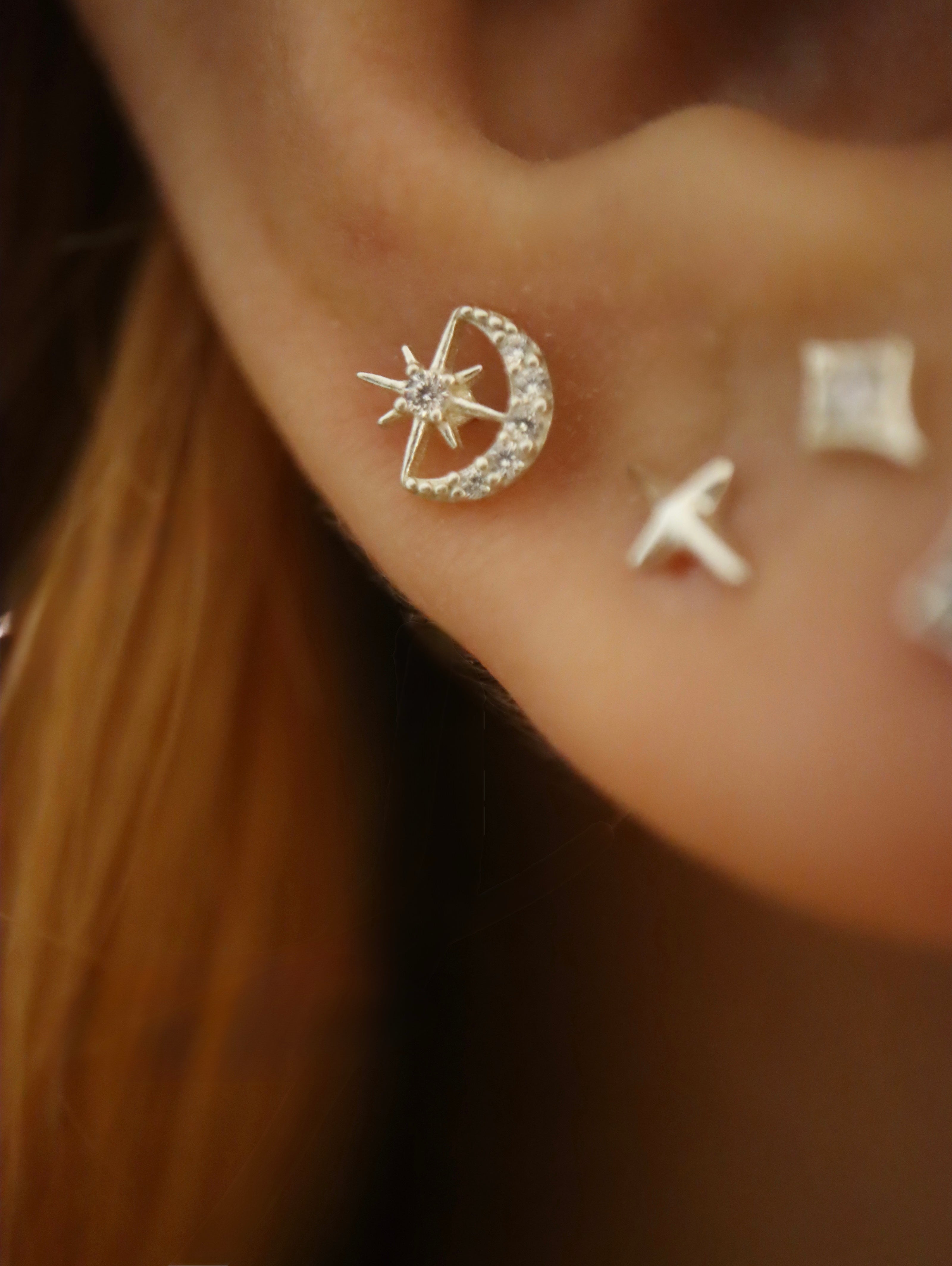 Crescent Star Stud 925 Silver Earring