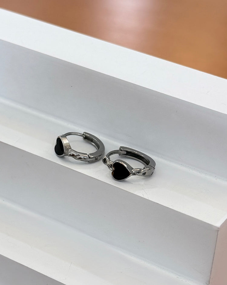 Black heart surgical steel hoop earrings