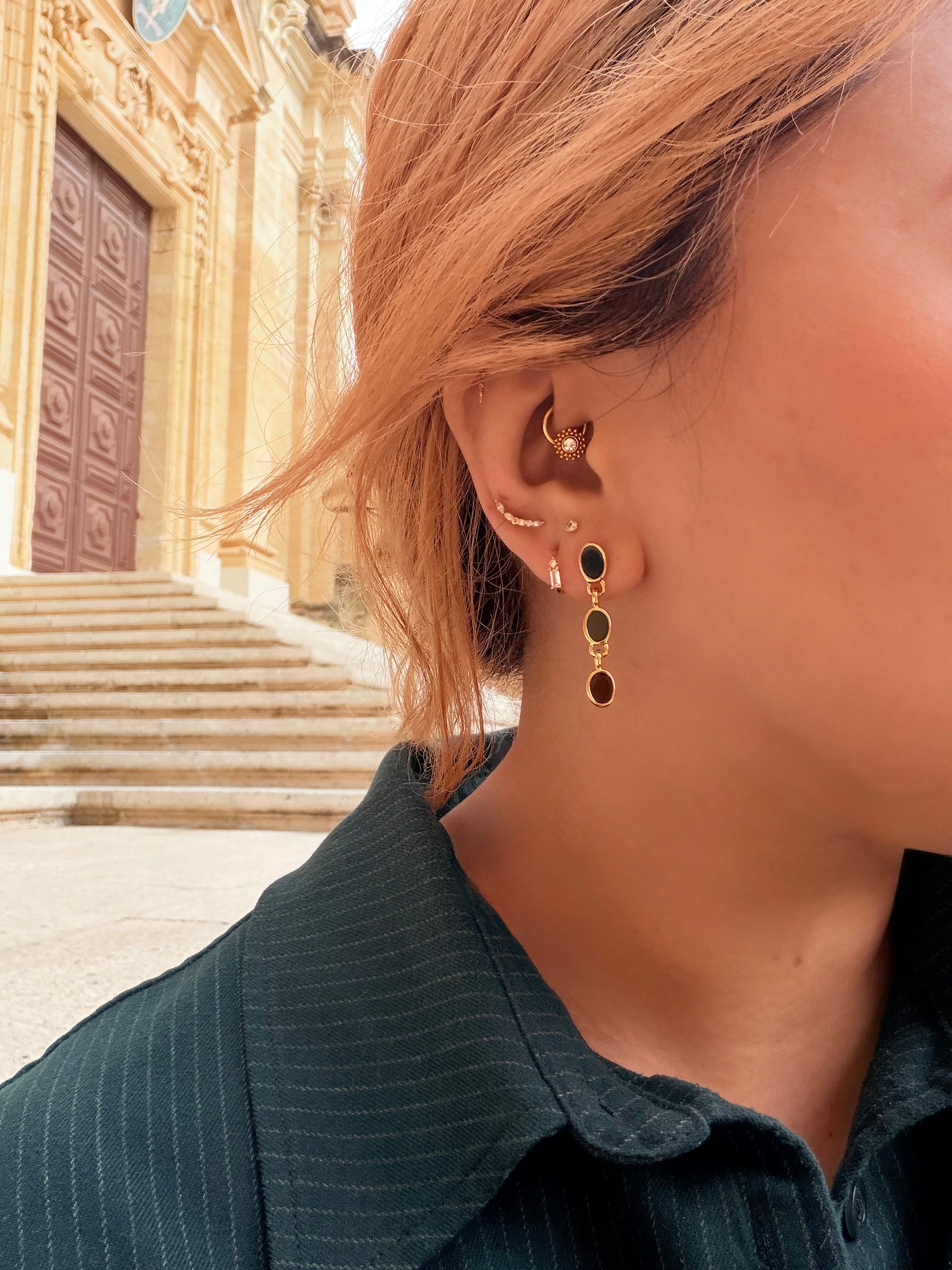Drop coloured 24k golden plated brass earrings