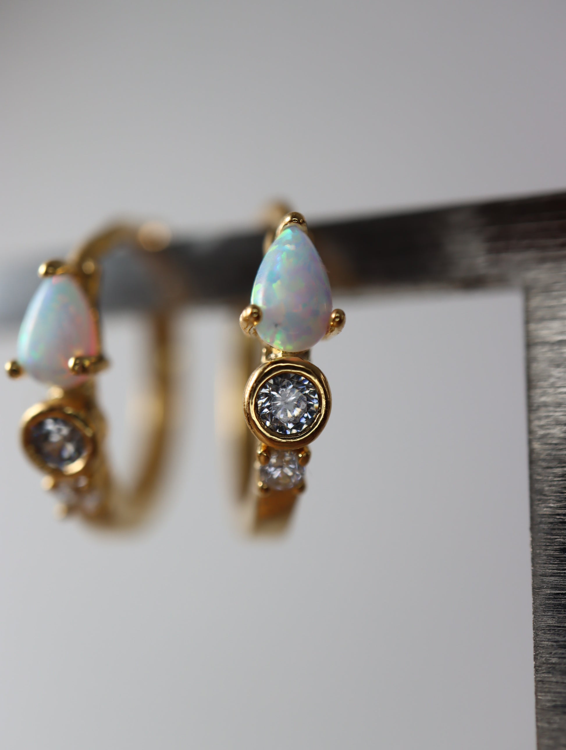 Opal cz S925 hinged hoop earrings
