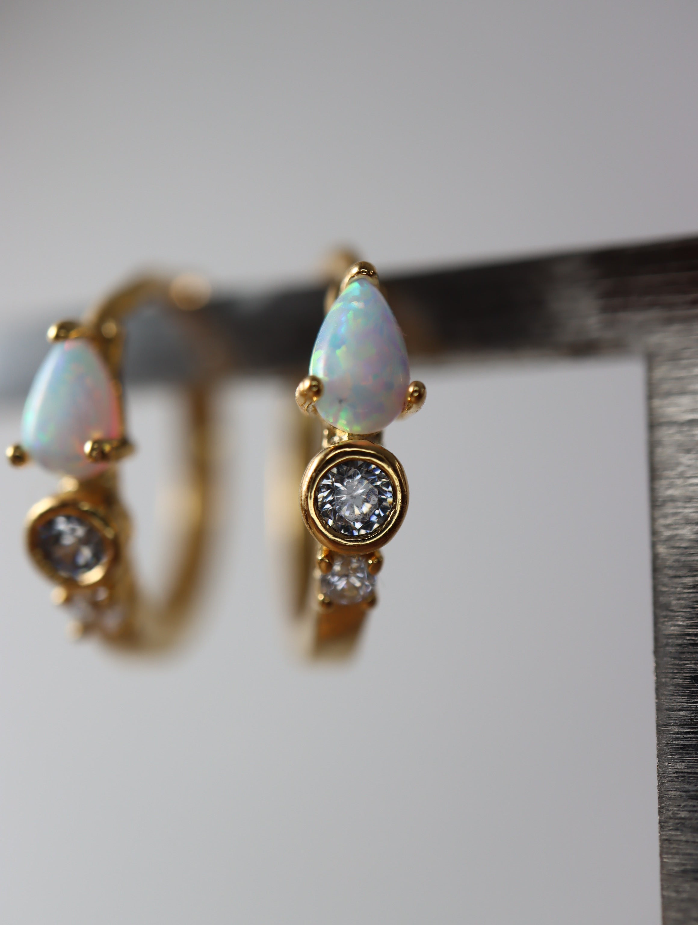 Opal cz S925 hinged hoop earrings