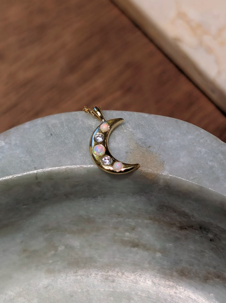 Crescent cz opal brass necklace
