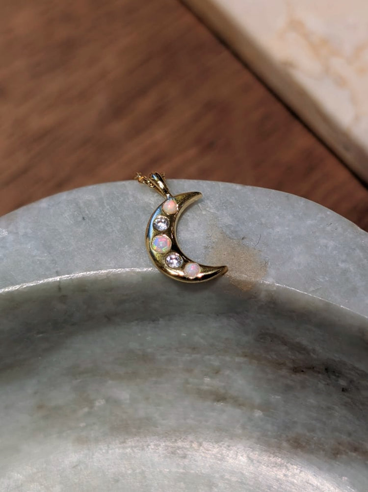 Crescent cz opal brass necklace