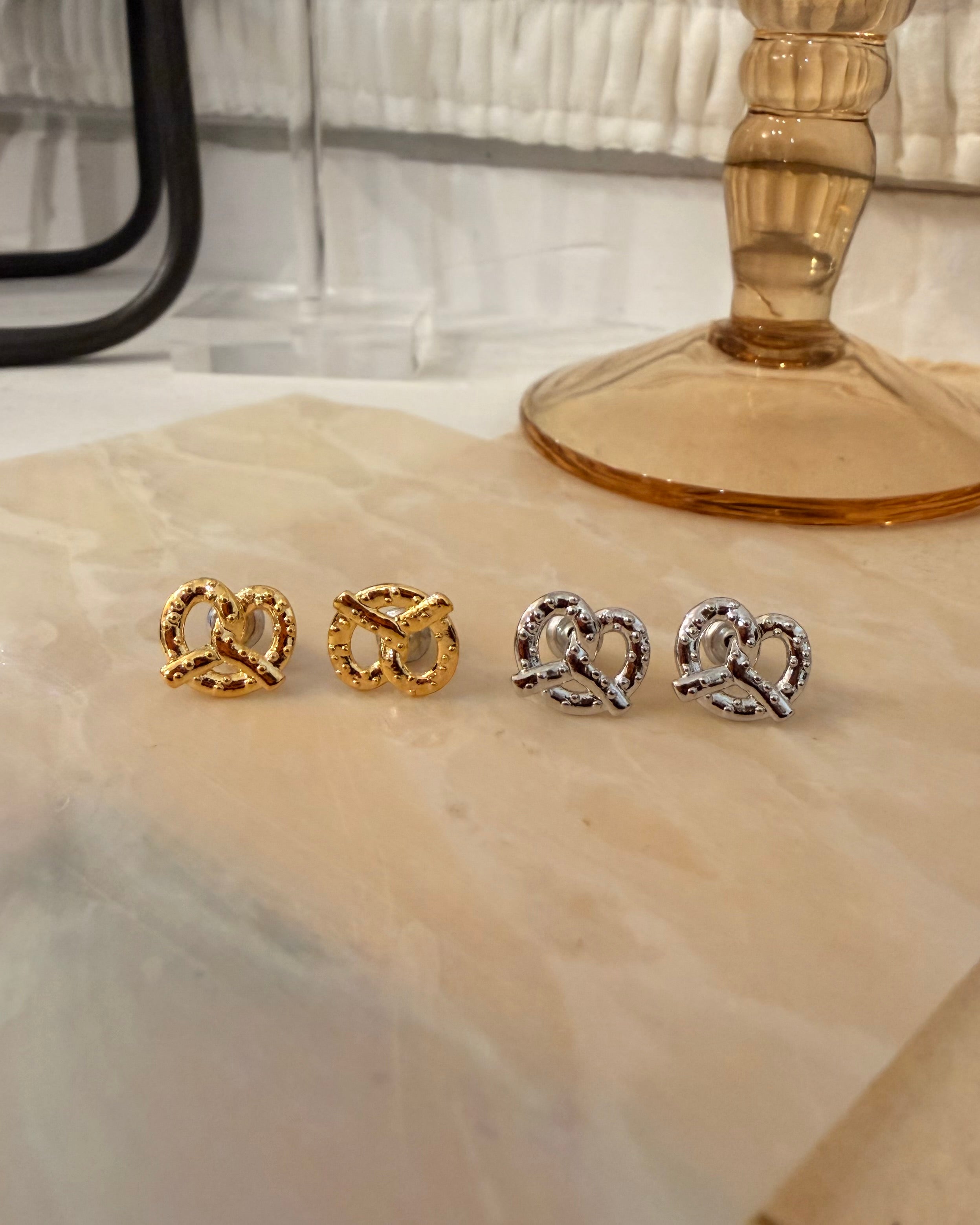 🥨 pretzel brass silver post earrings