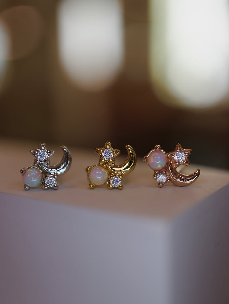 Sparkle in opal star & crescent s925 piercing stud