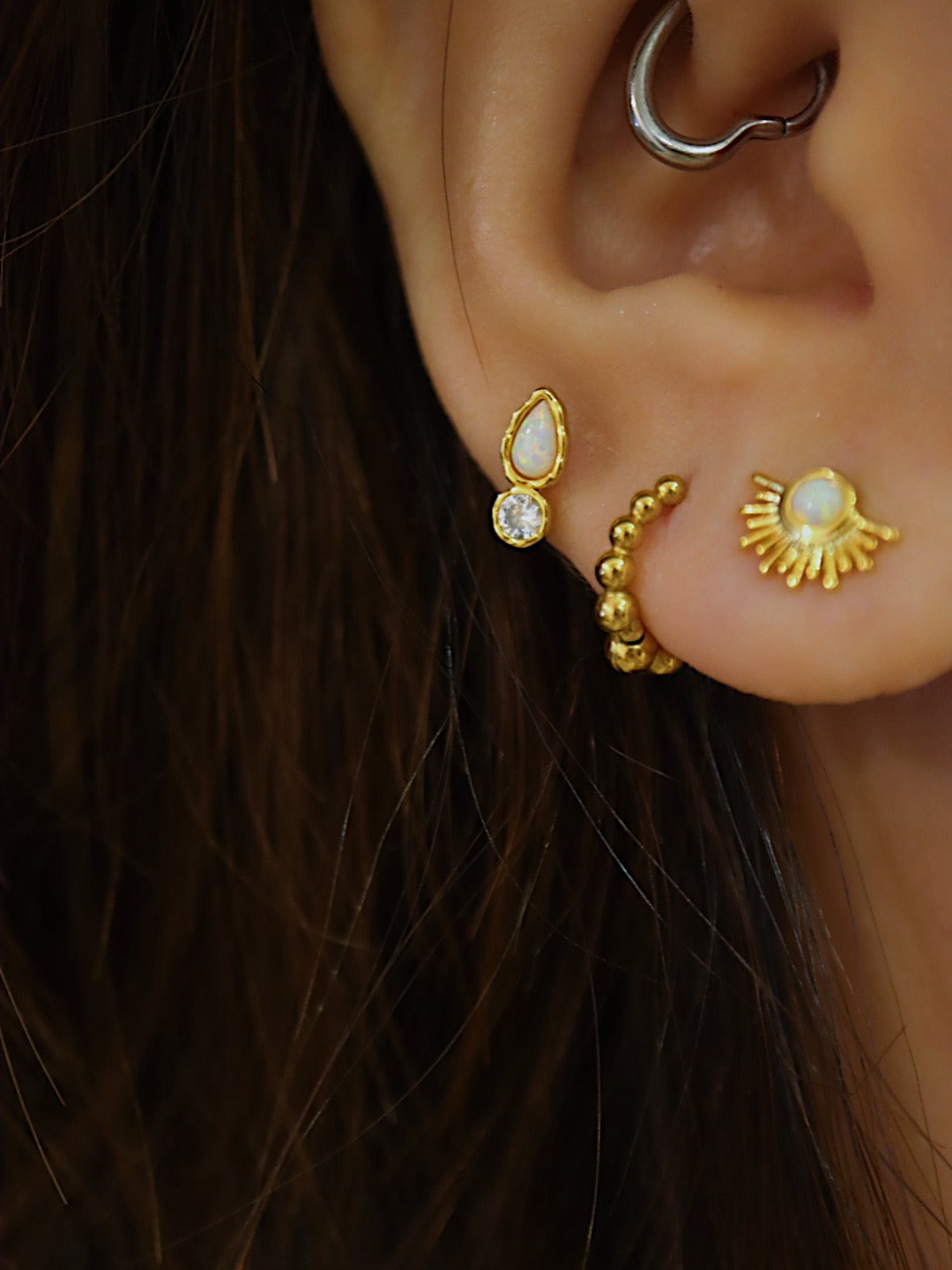 Opal stud 925 silver piercing earring (1pc)