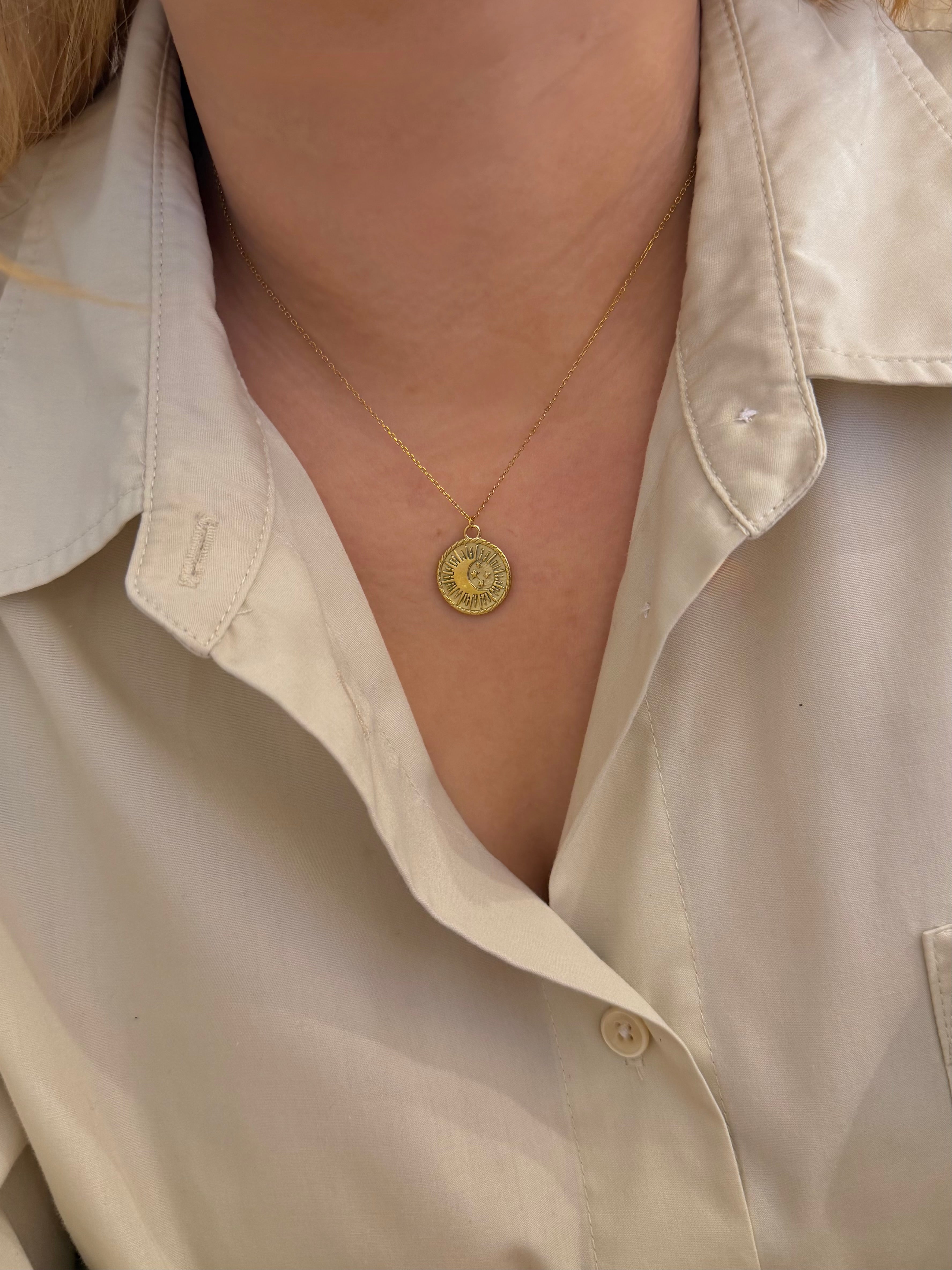 Stainless Steel Sun in Crescent Coin Necklace