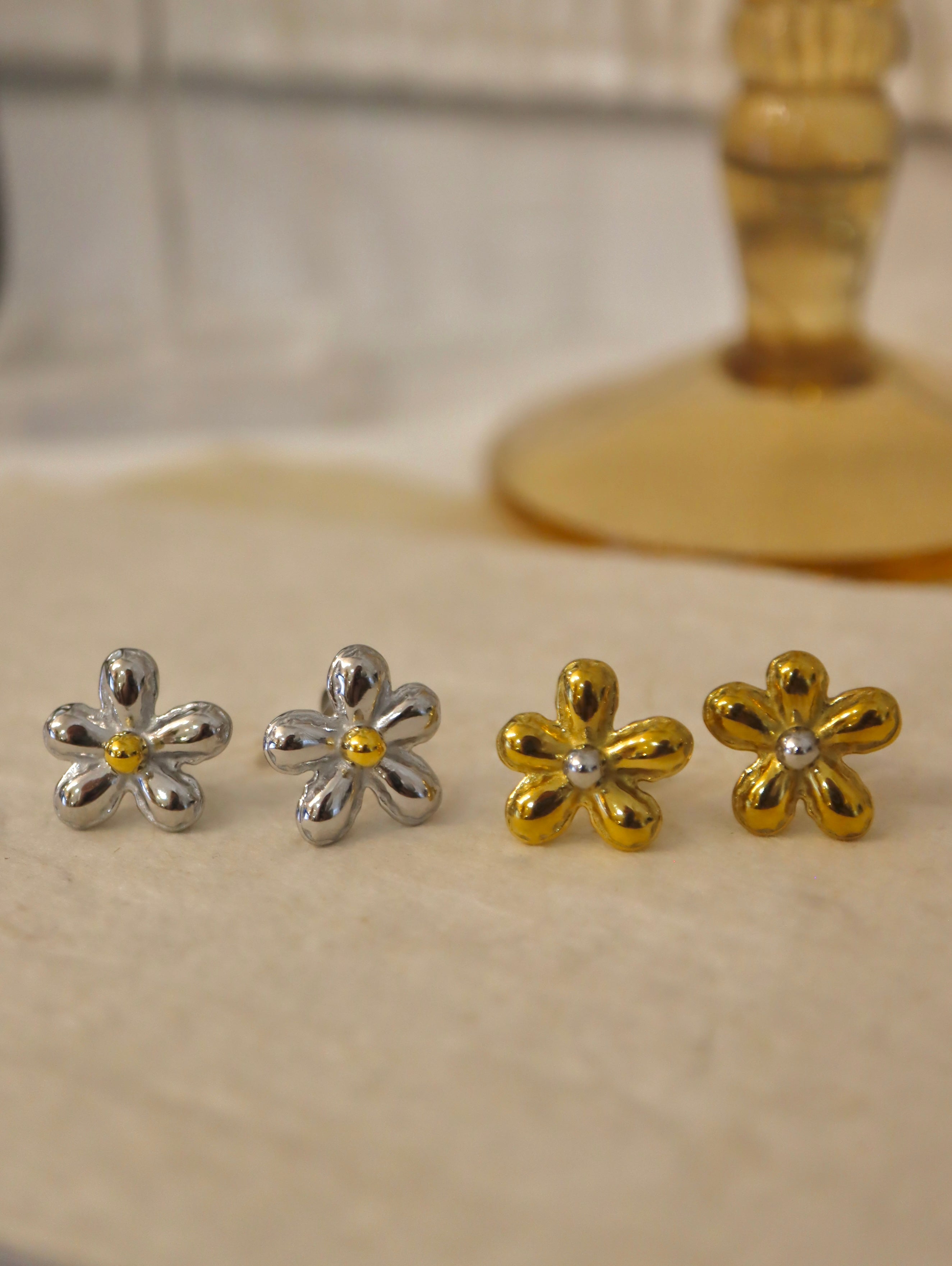 Mix tone stainless steel floral earrings