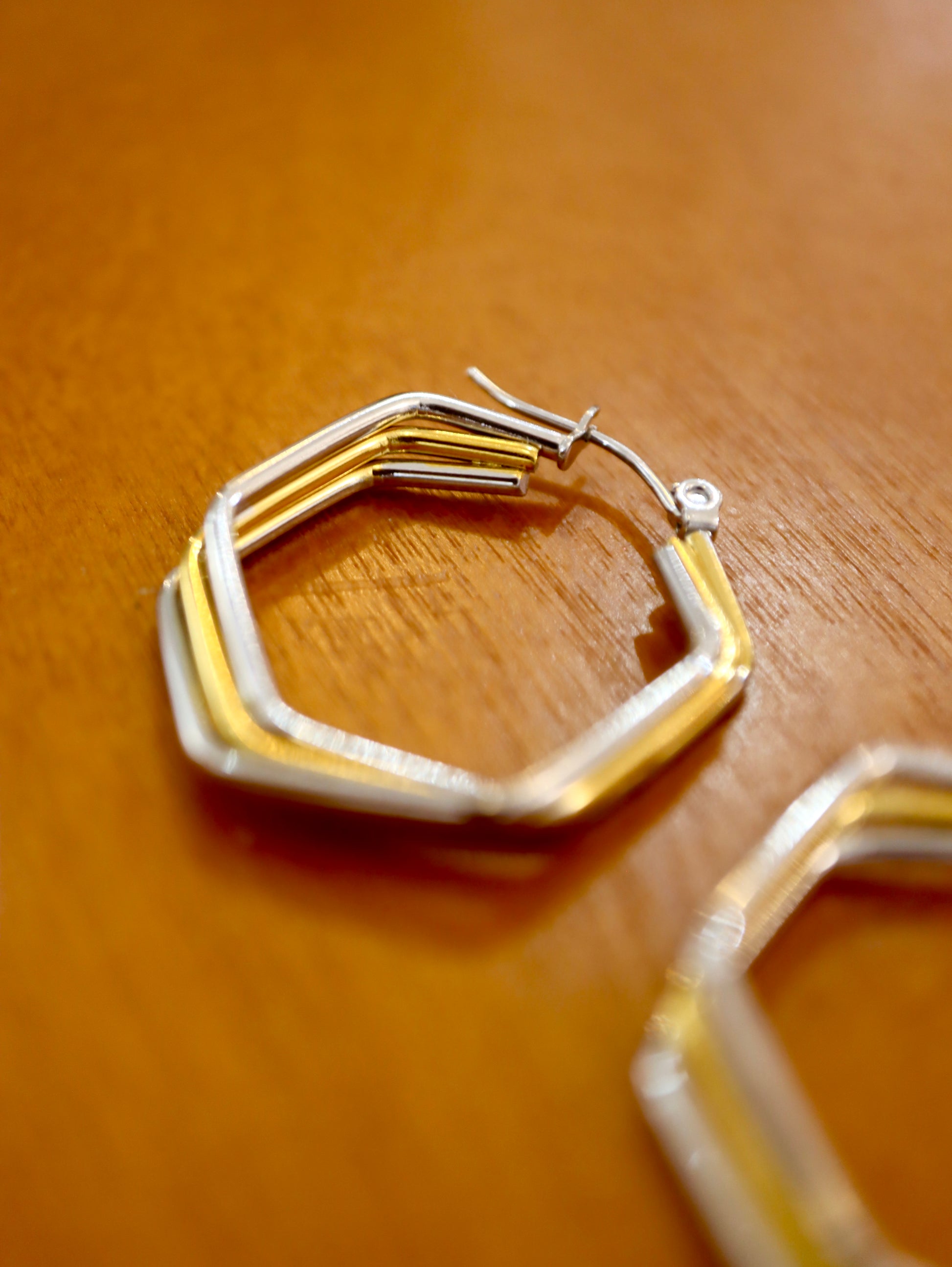 Hexagon stainless steel mix tone earrings