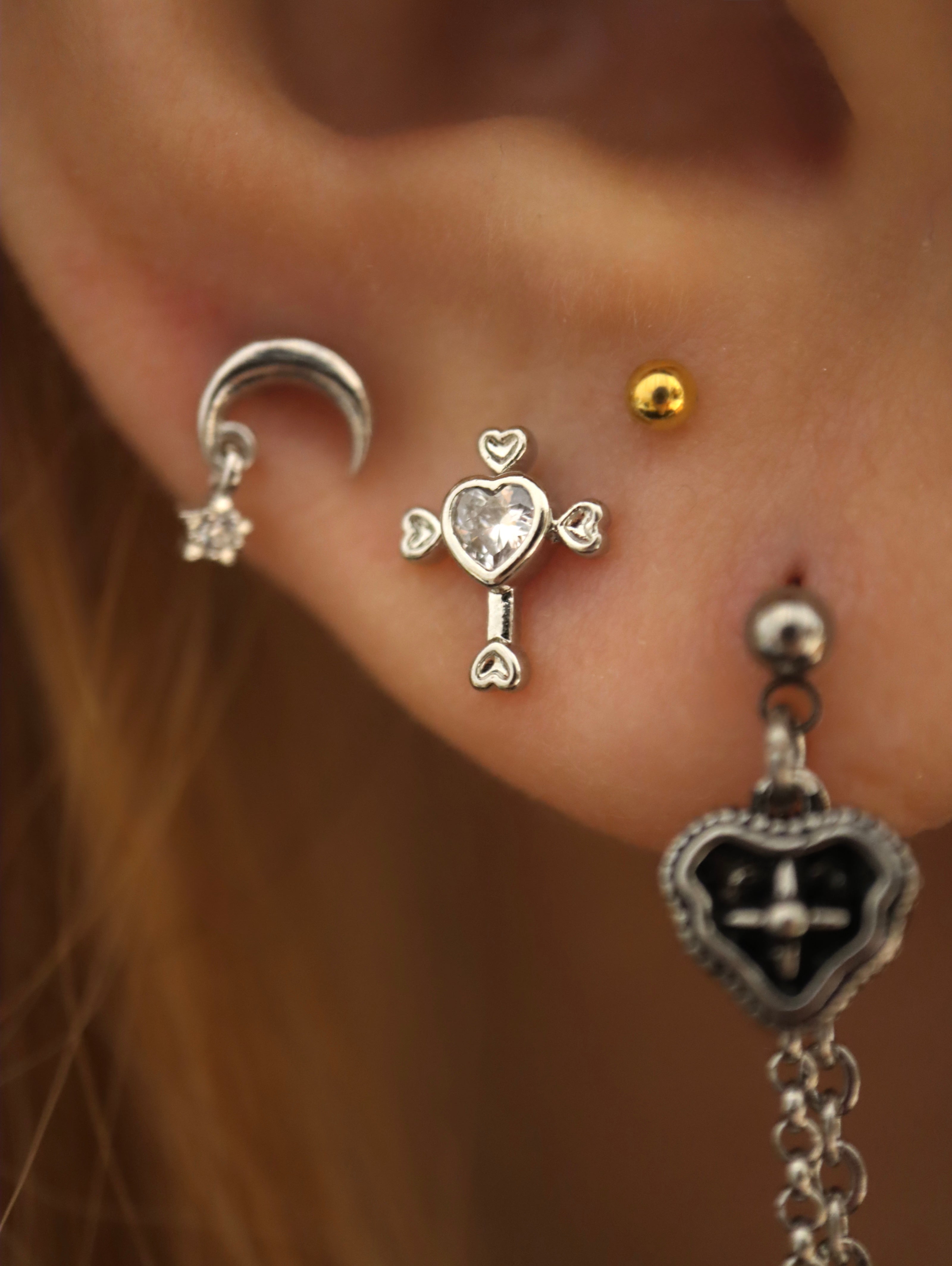 Cross heart cz surgical steel stud earring piercing (1pc)