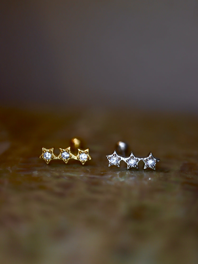 Triple star cz 925 silver stud piercing