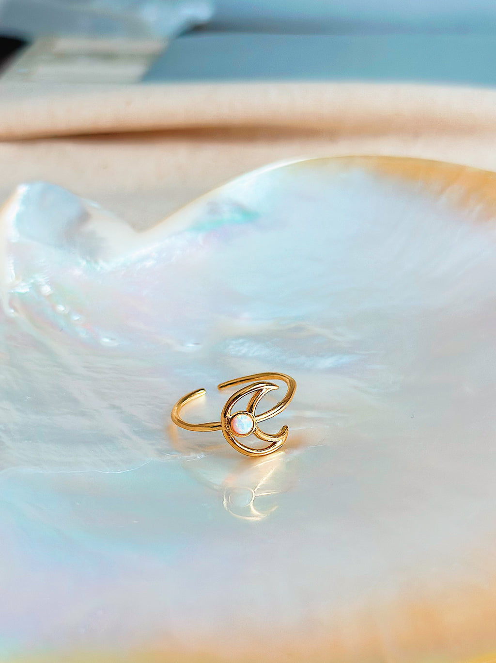 Crescent moon outline opal ring