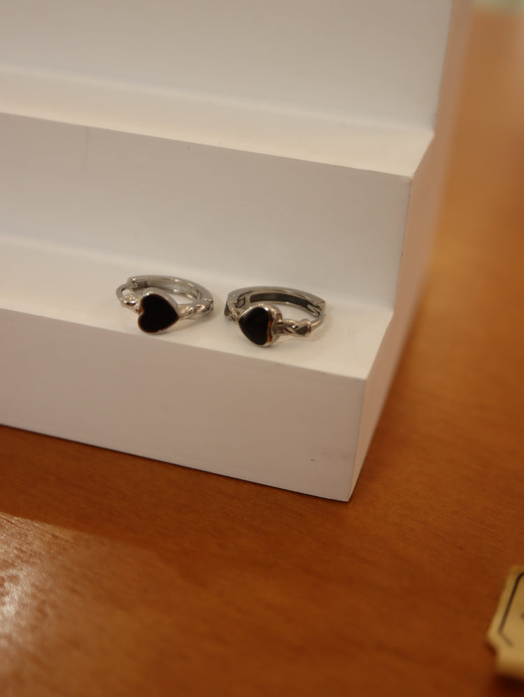 Black heart surgical steel hoop earrings
