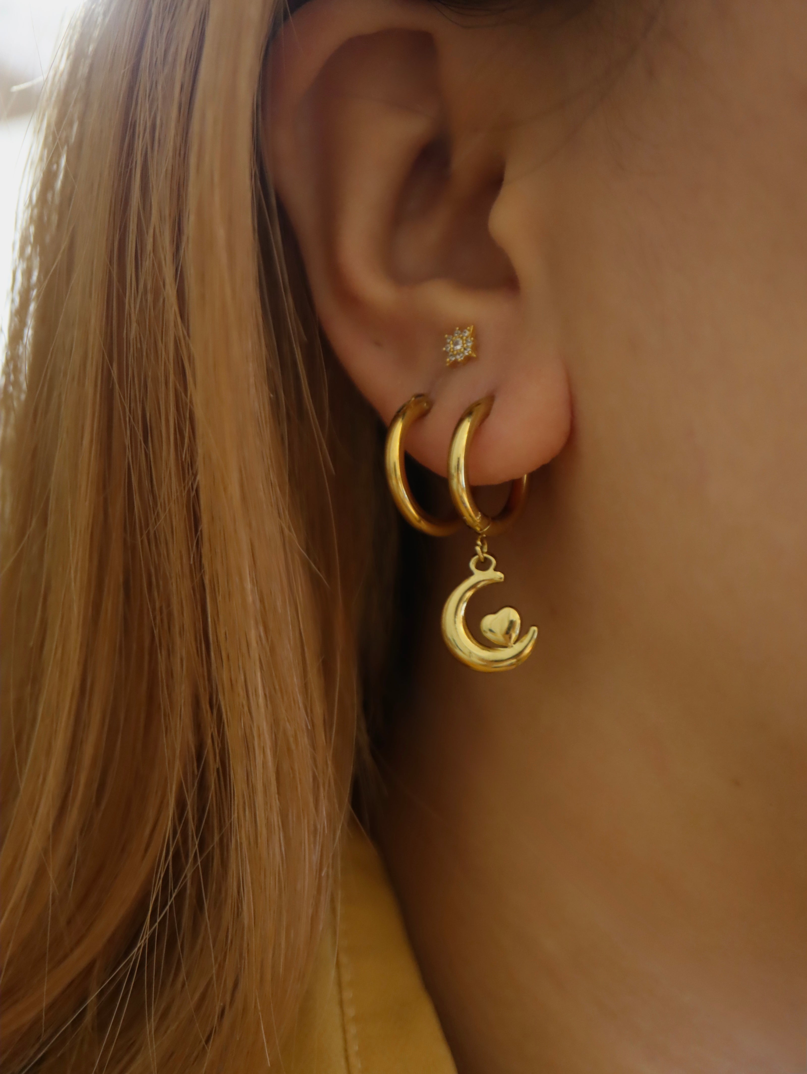 Hoop drop crescent heart stainless steel earrings