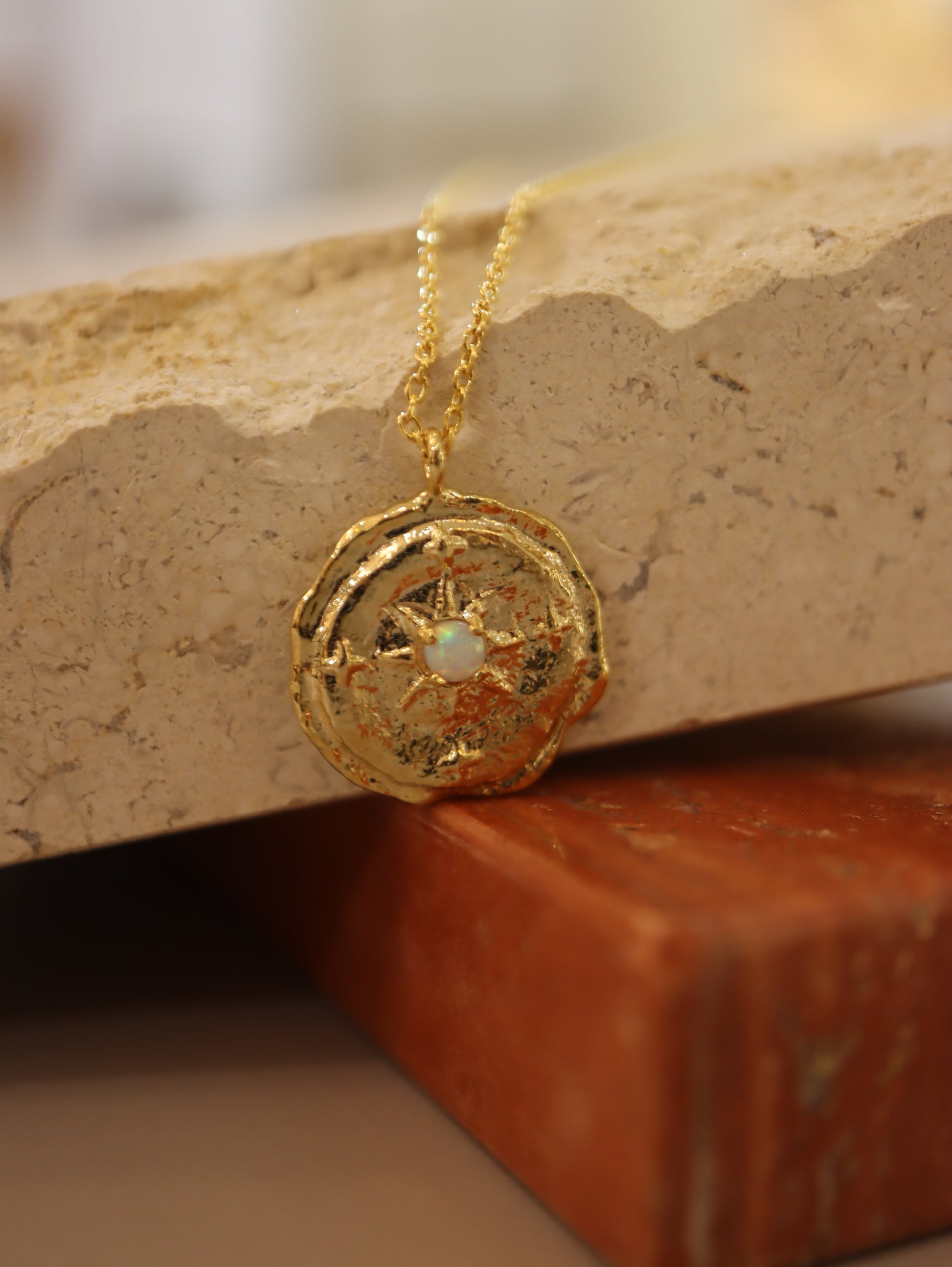 Opal coin brass necklace