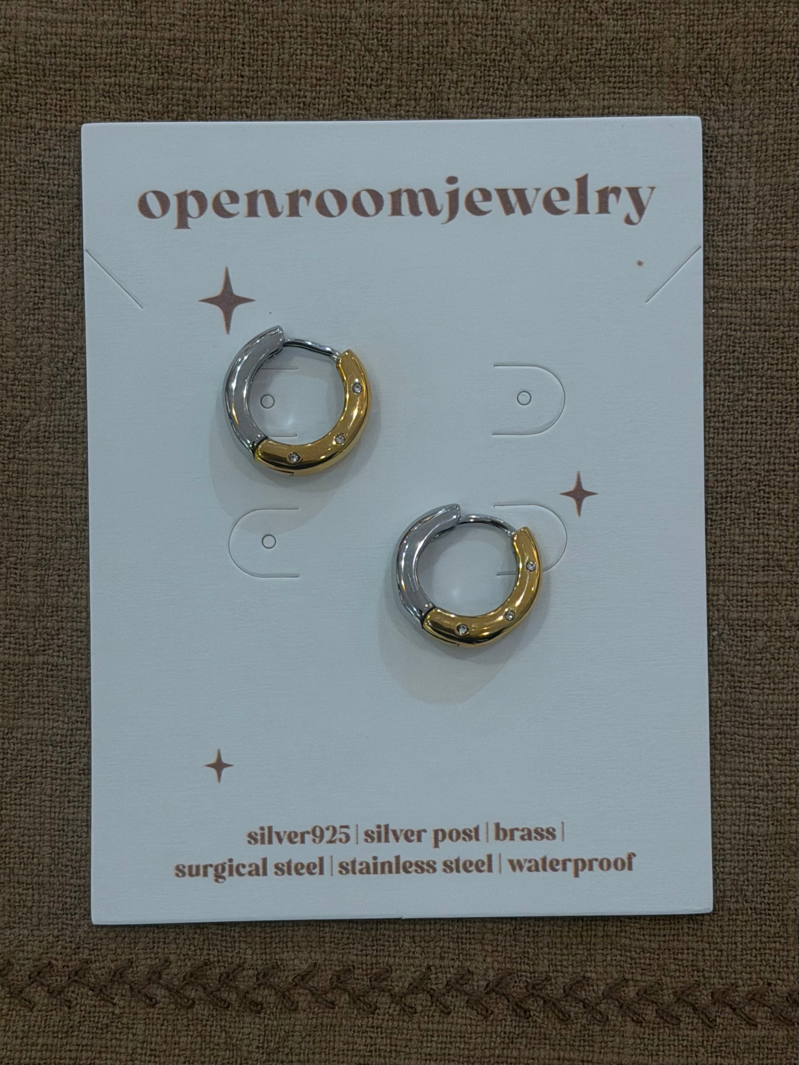 Two tone stud cz stainless steel earrings
