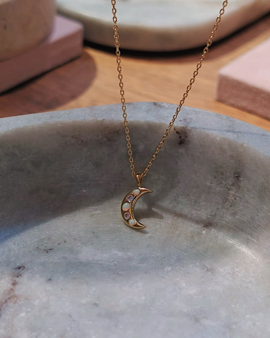Crescent cz opal brass necklace