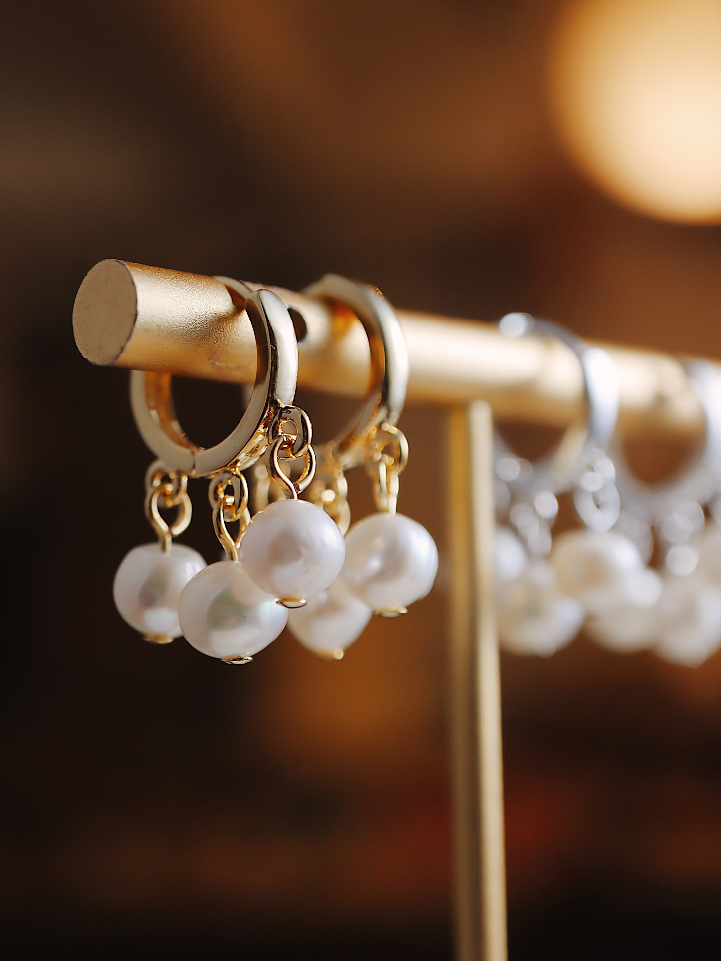 Triple pearl brass earrings