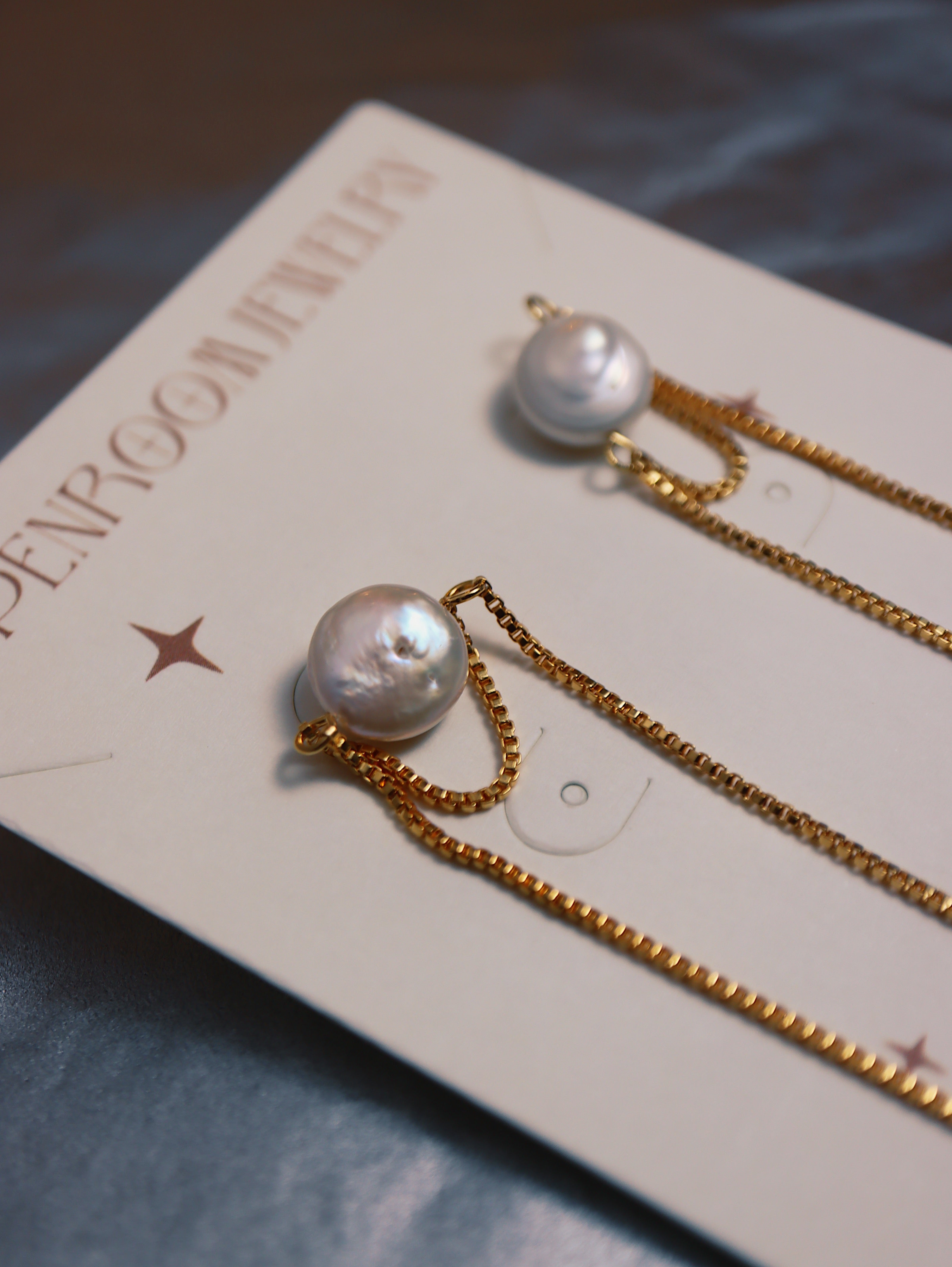 Pearl drop chain brass earrings