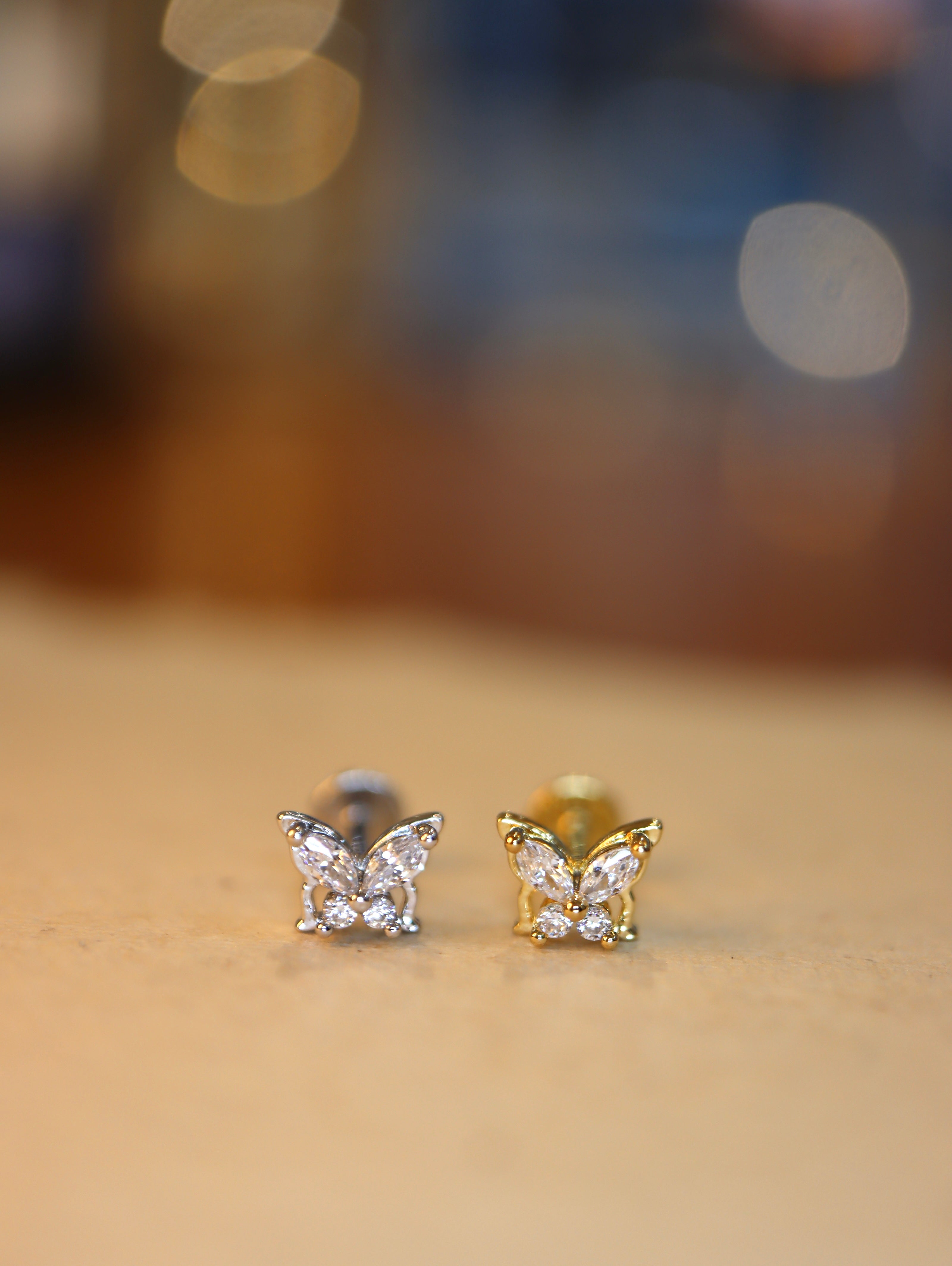 Butterfly 🦋 cz 925 silver flat back earring Piercing (1pc)