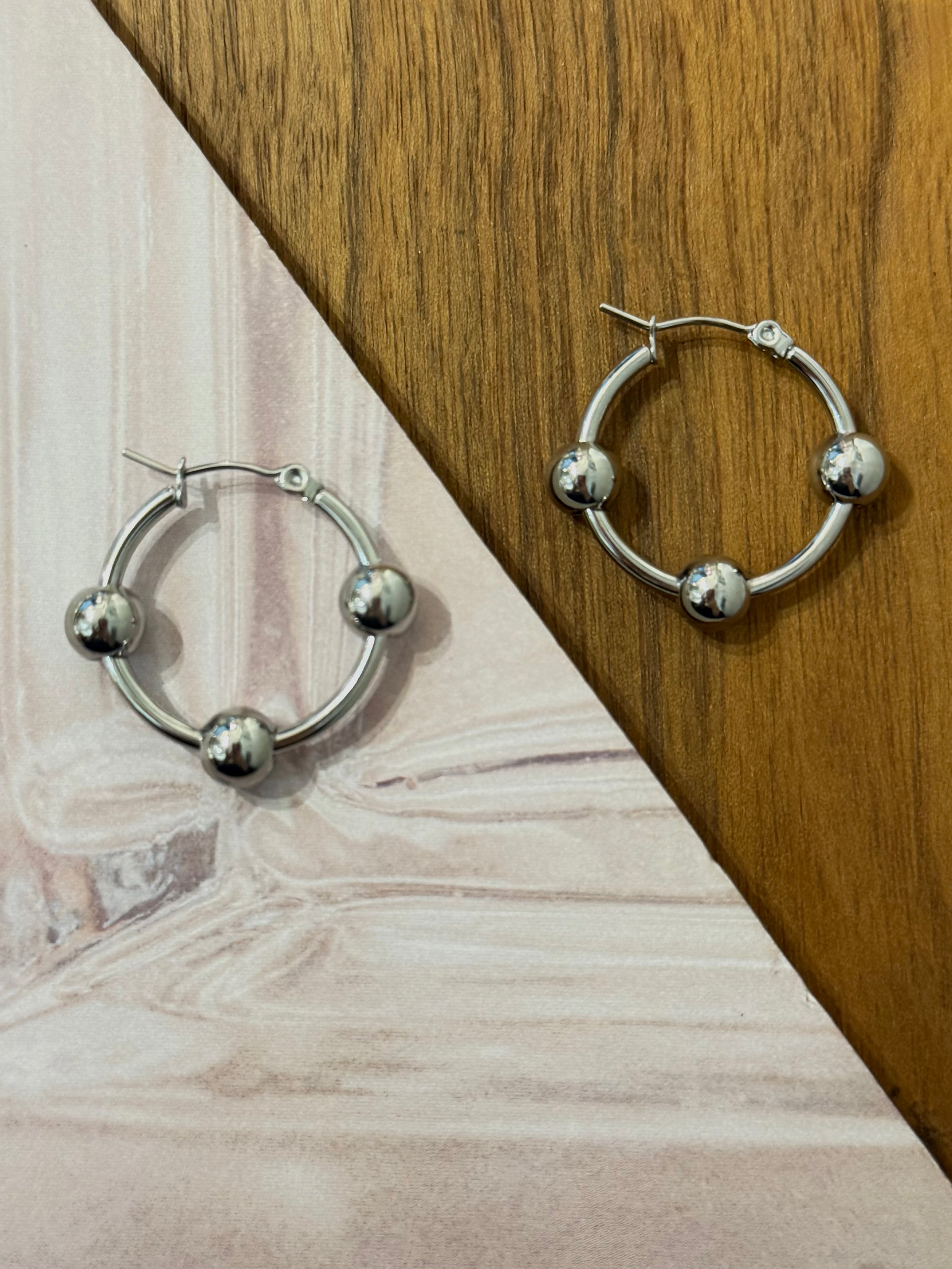 Triple Bead Hoop Stainless Steel Earrings