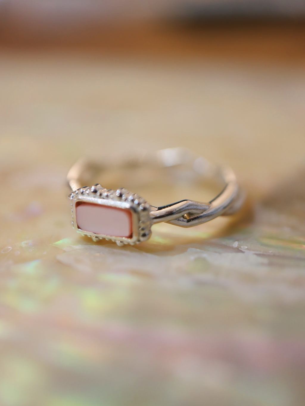 Rectangular pale pink stone 925 silver ring