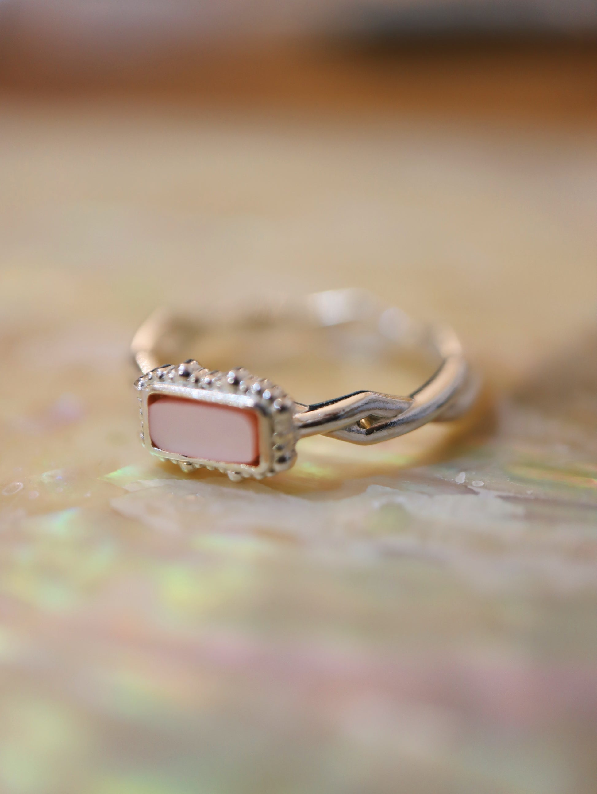 Rectangular pale pink stone 925 silver ring