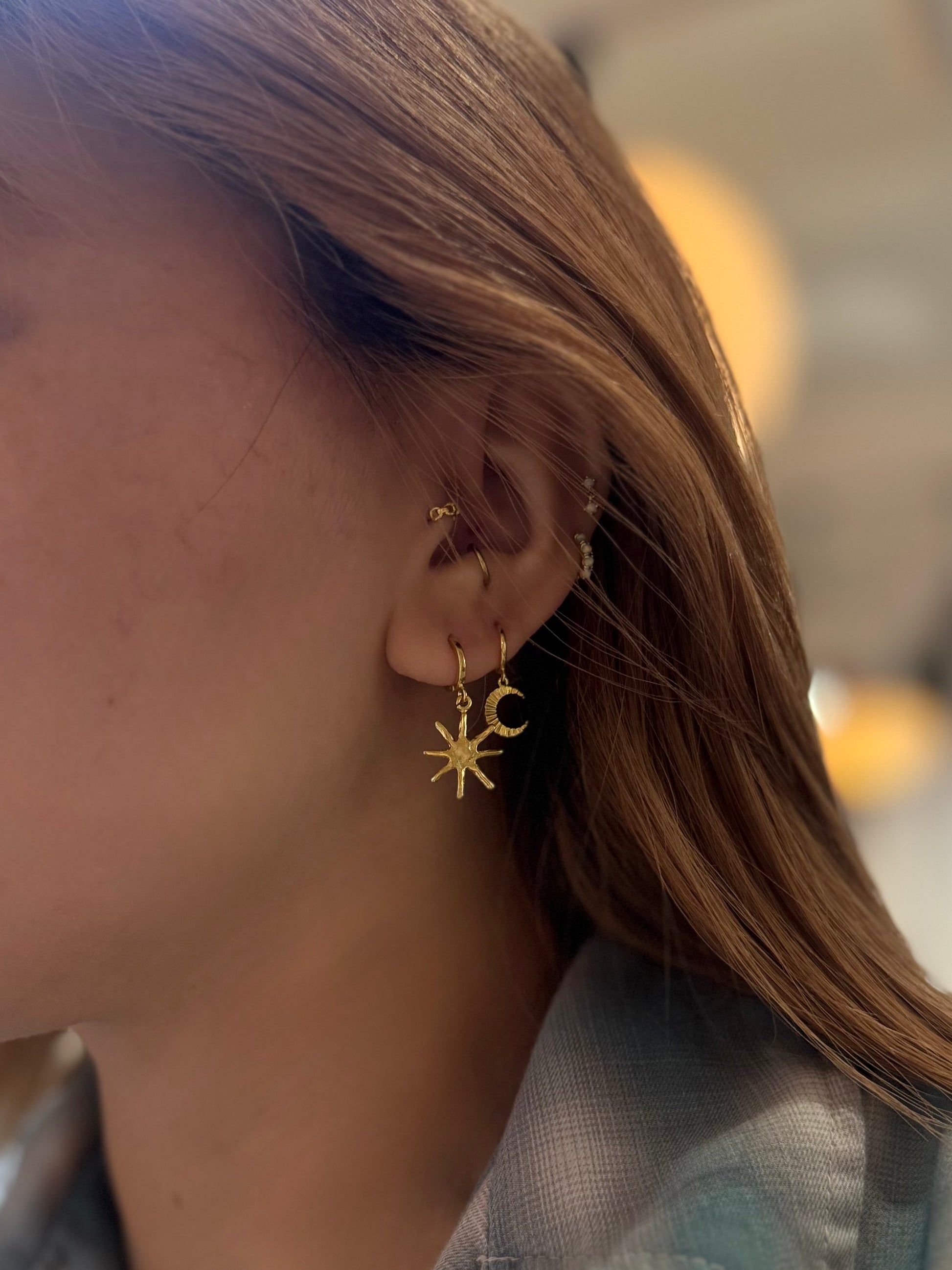 Hinged hoop drop crescent earrings