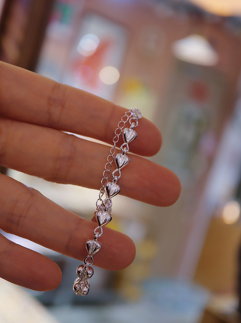 925 Sterling Silver Puffed Heart Chain Bracelet