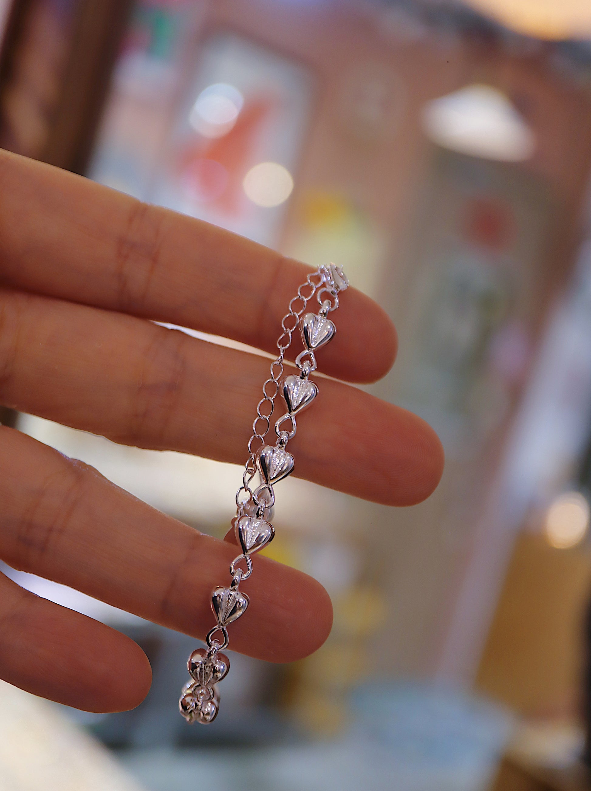 925 Sterling Silver Puffed Heart Chain Bracelet