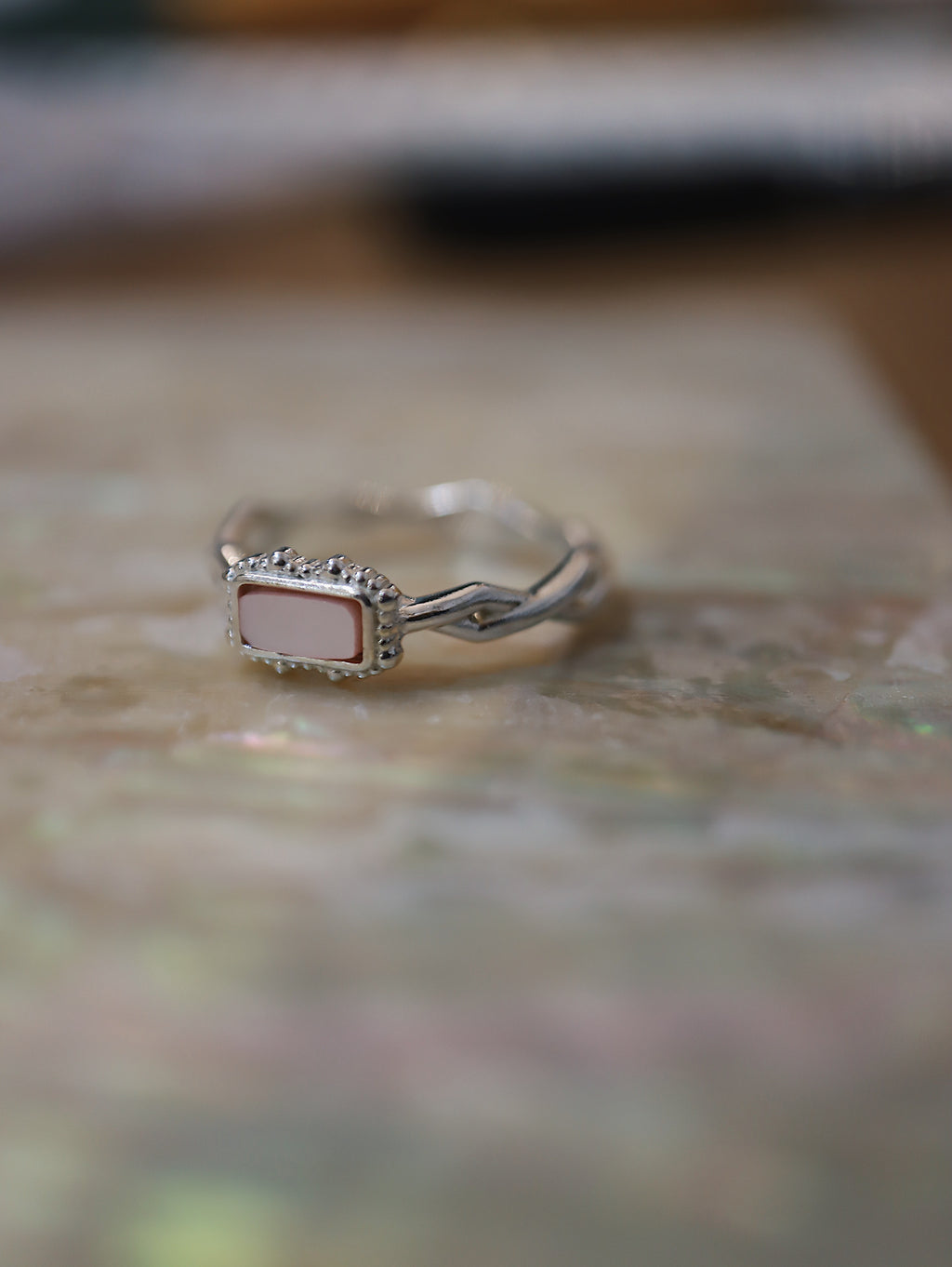 Rectangular pale pink stone 925 silver ring