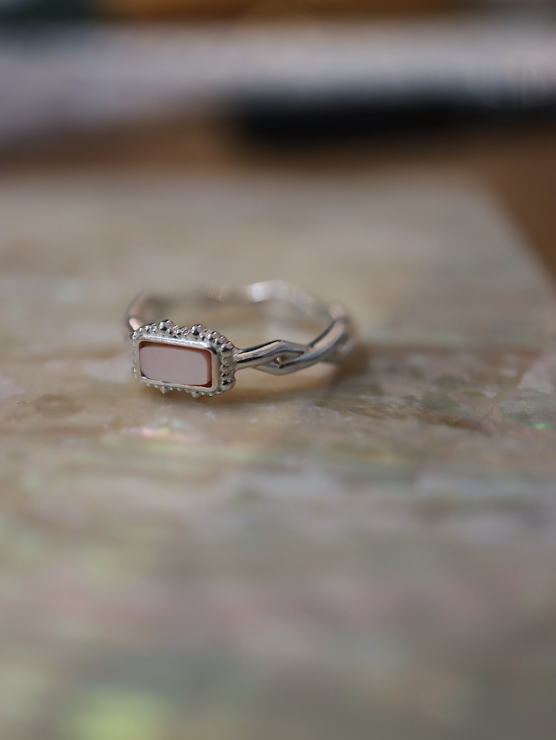 Rectangular pale pink stone 925 silver ring