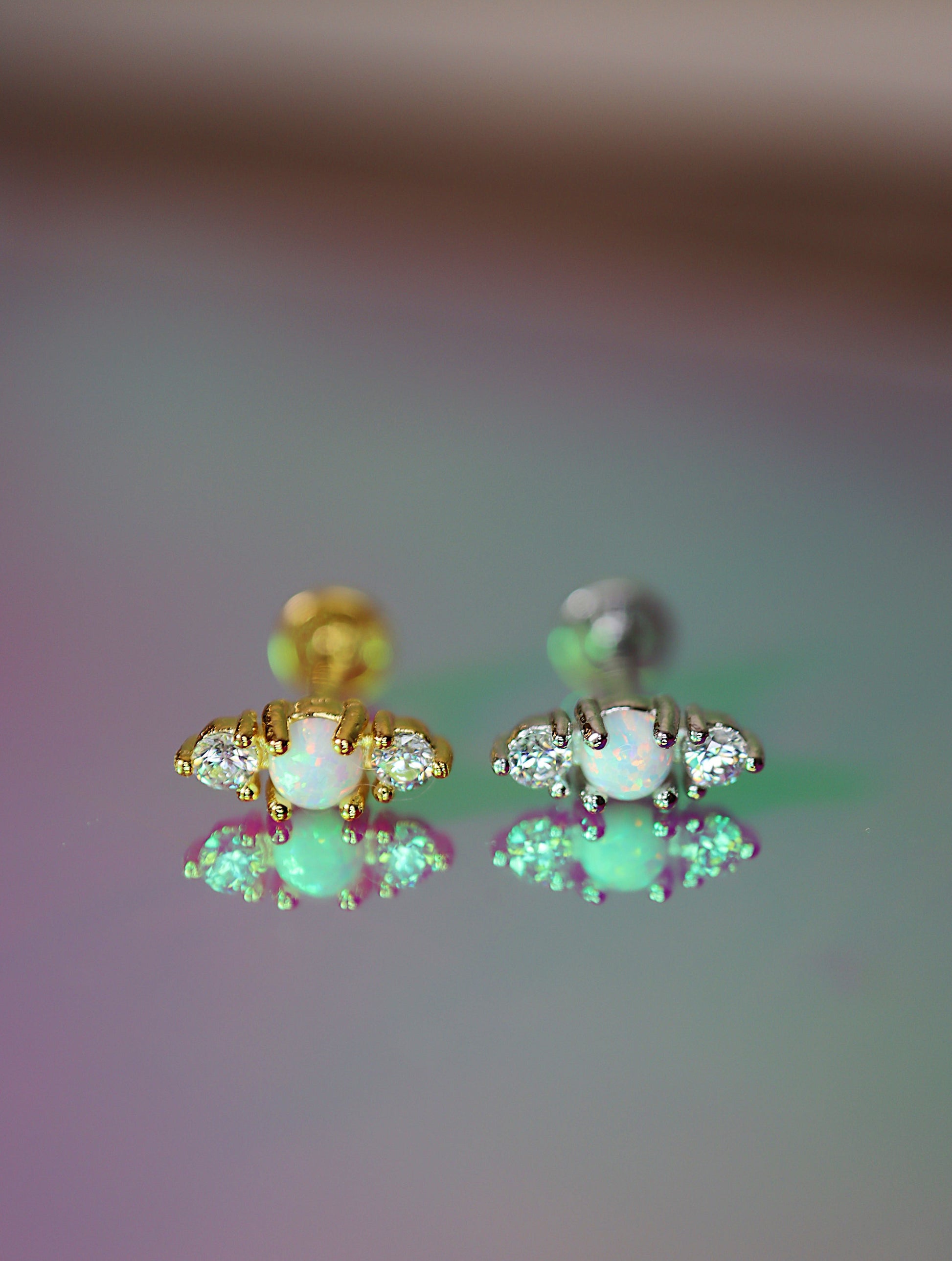 Opal cz bar screw flat back earring