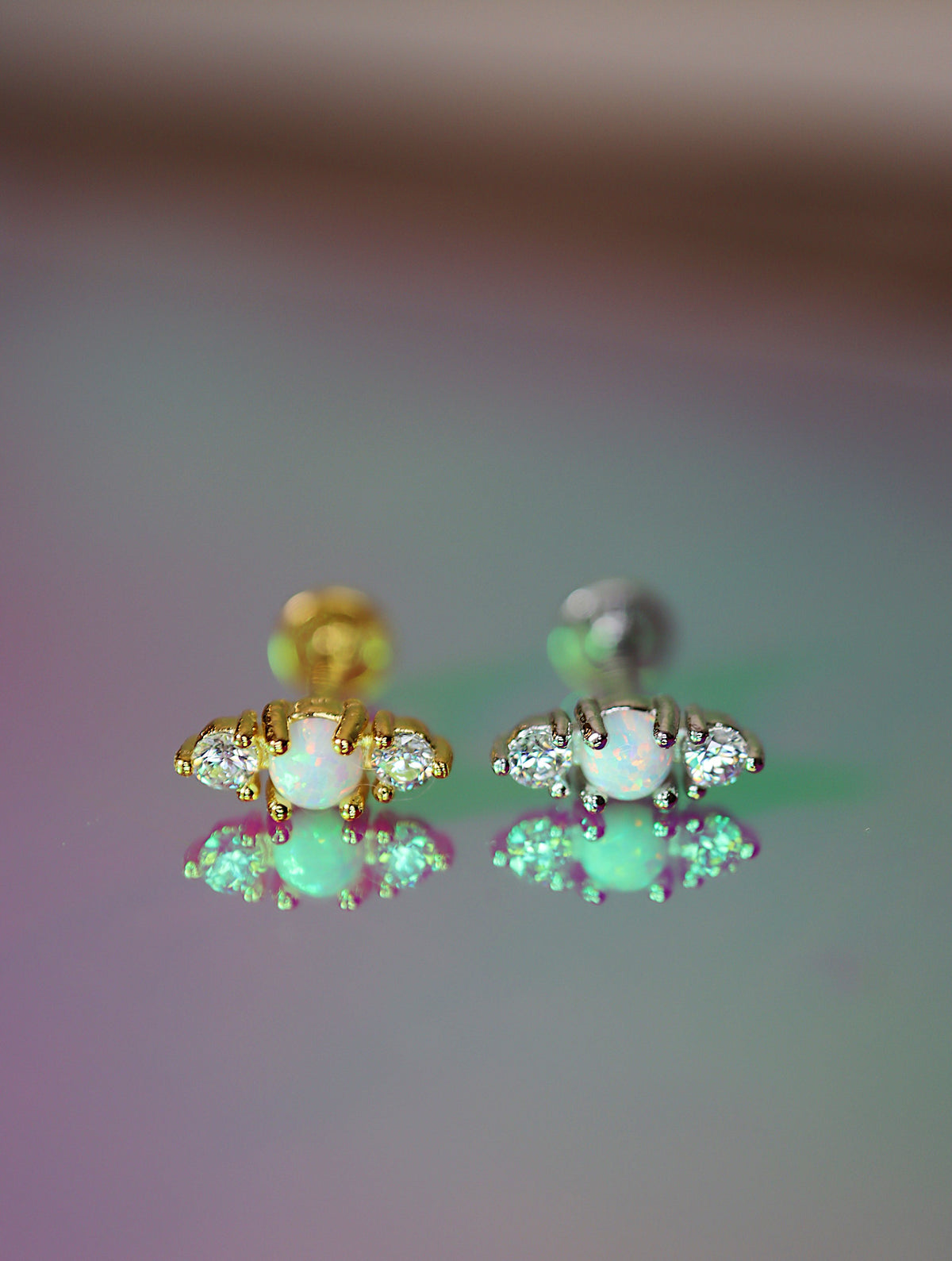 Opal cz bar 925 silver flat back earring piercing